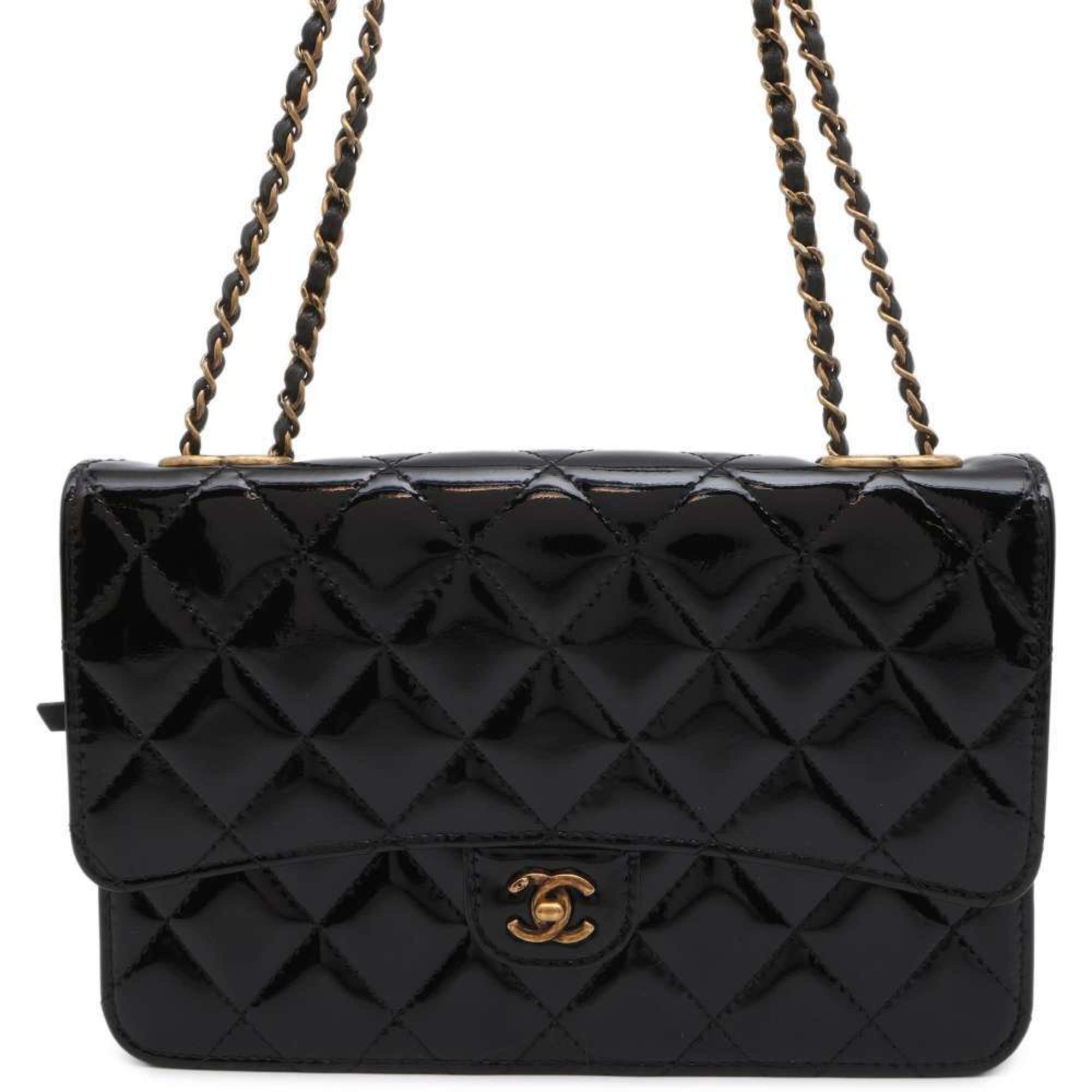 Chanel Chain Wallet Matelasse Coco Mark Patent CHANEL Black