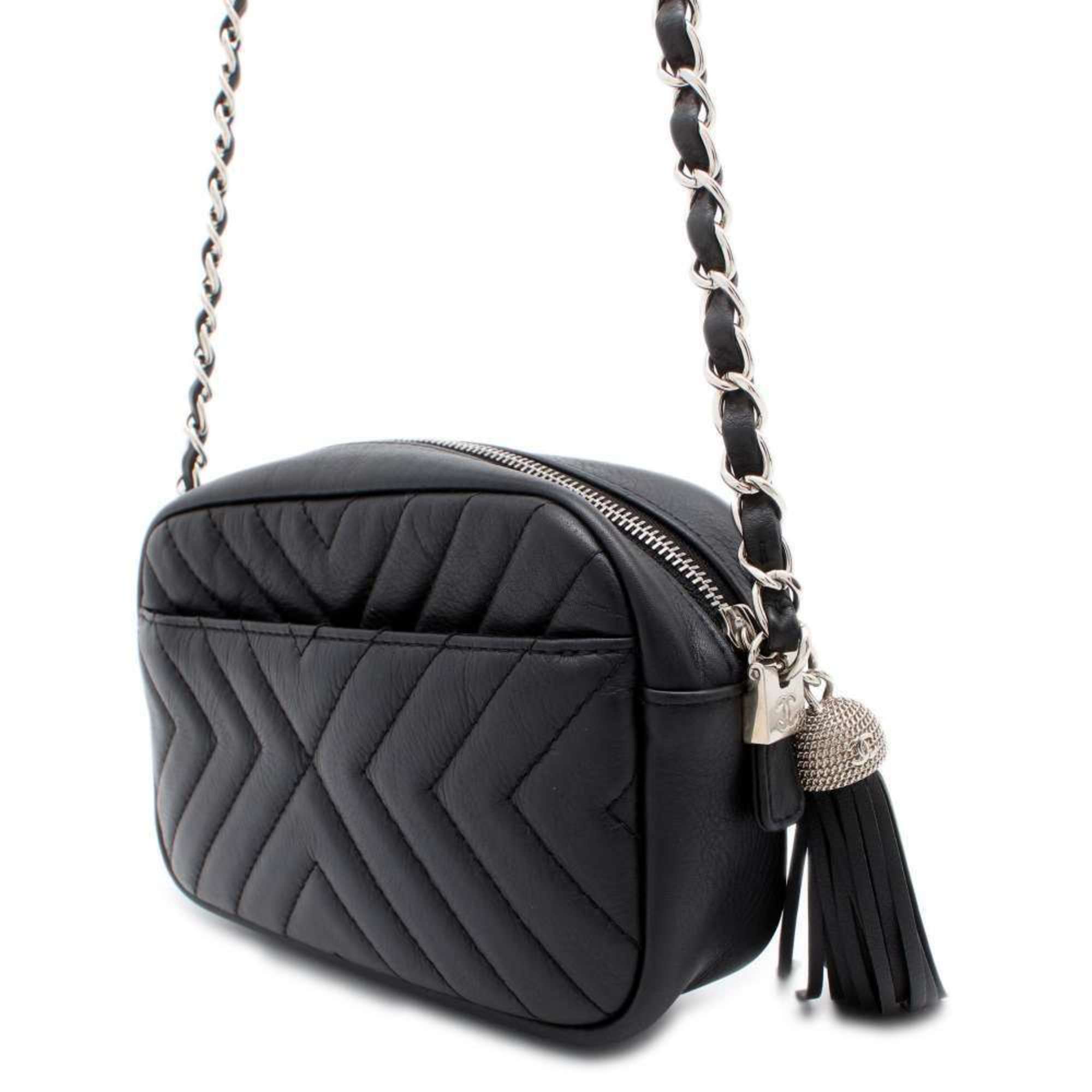 Chanel Chain Shoulder Bag V Stitch Chevron Tassel Leather A57617 CHANEL Black