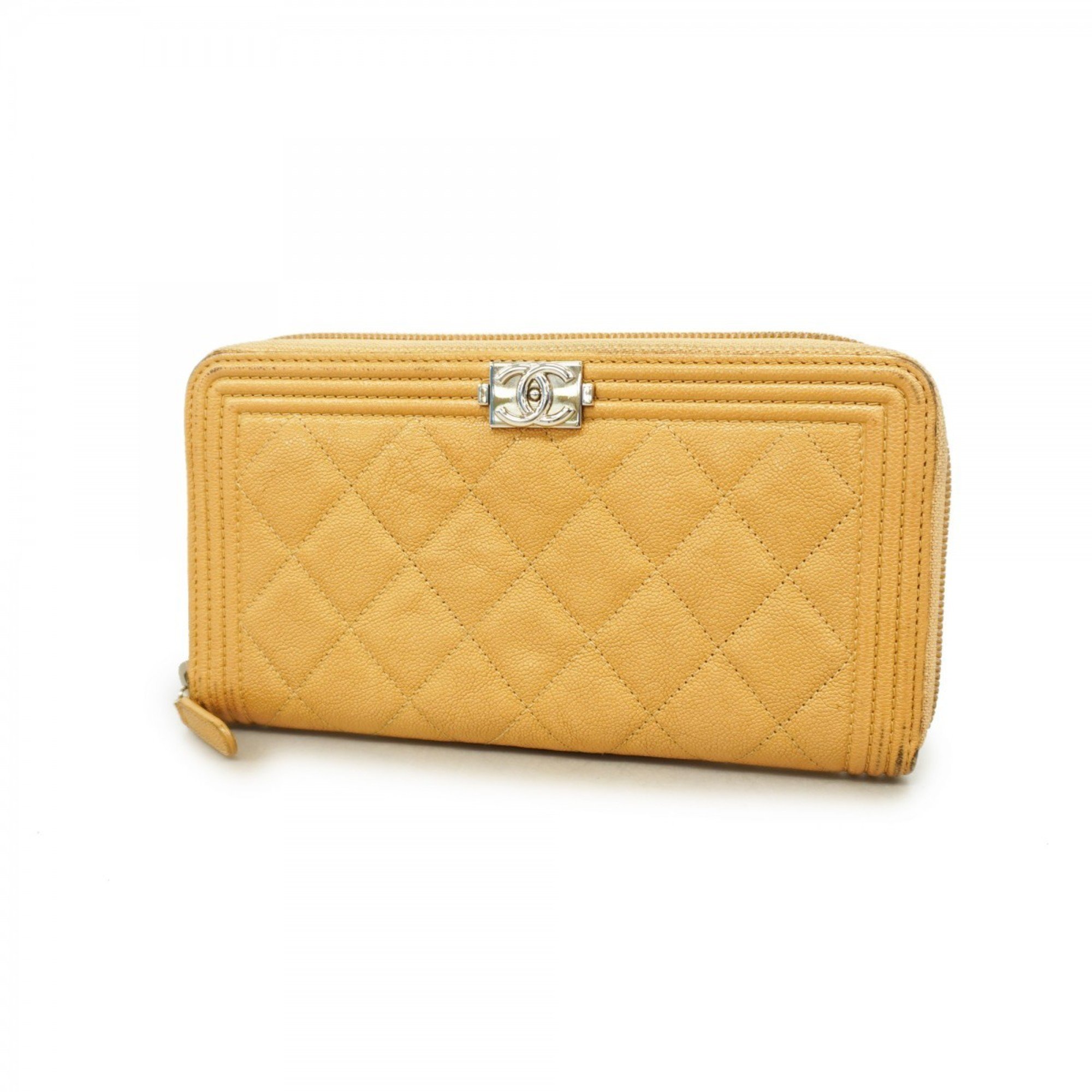 Chanel Long Wallet Boy Caviar Skin Beige Women's