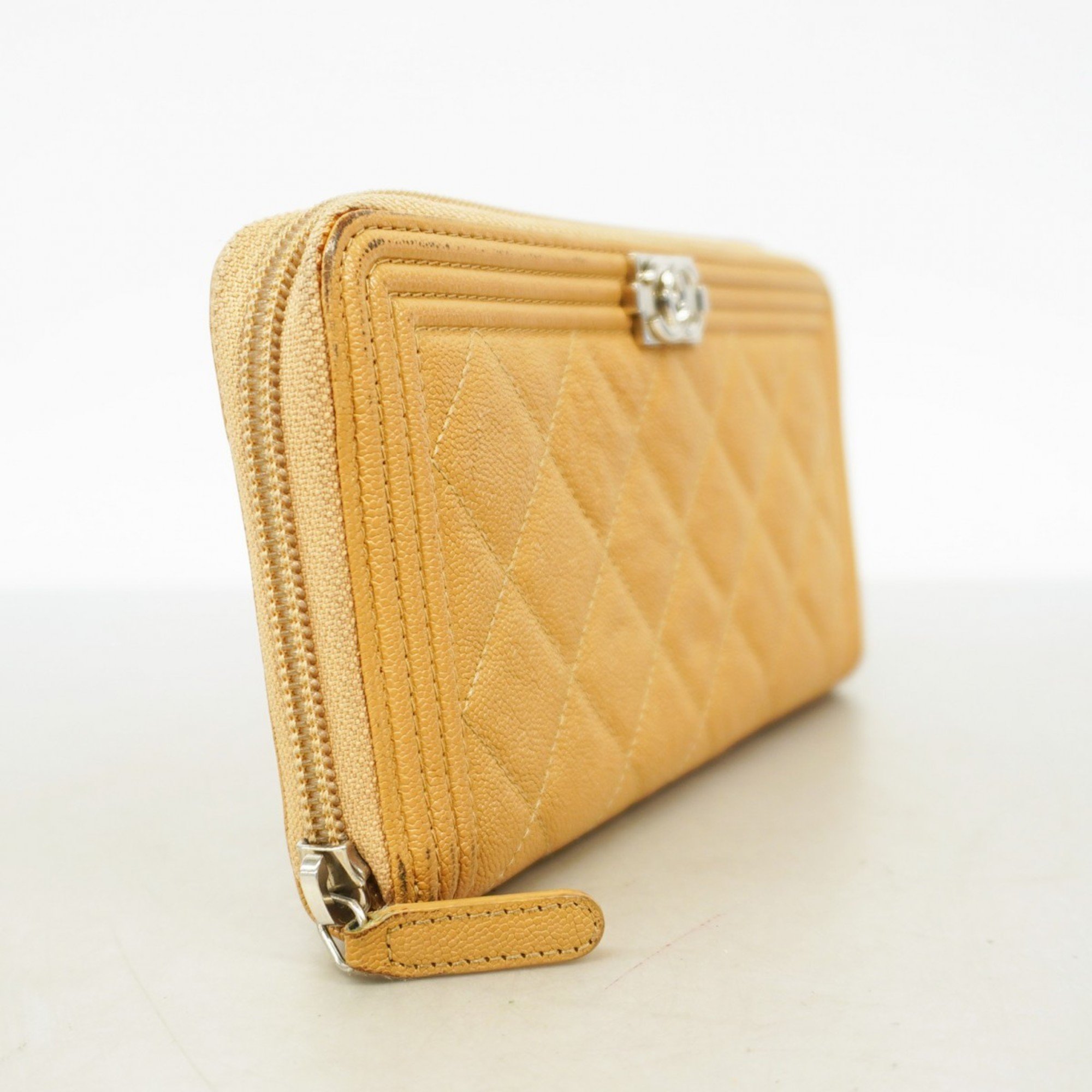 Chanel Long Wallet Boy Caviar Skin Beige Women's