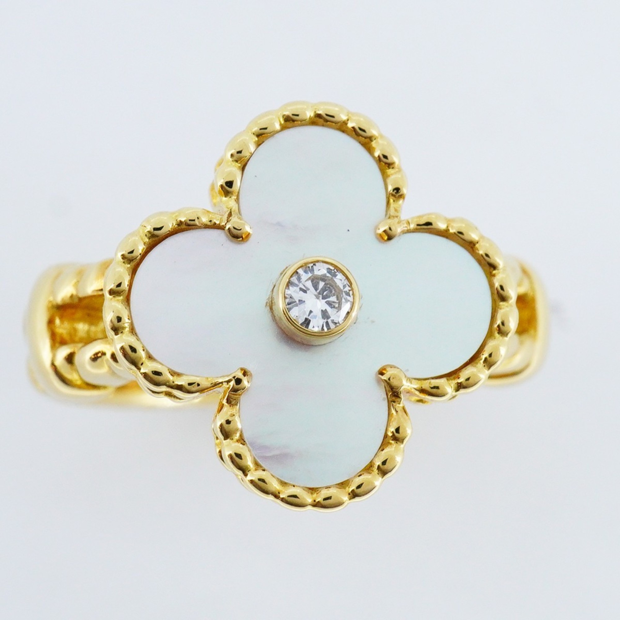 Van Cleef & Arpels Ring Alhambra 1PD Diamond Mother of Pearl K18YG Yellow Gold Size 10.5 Ladies