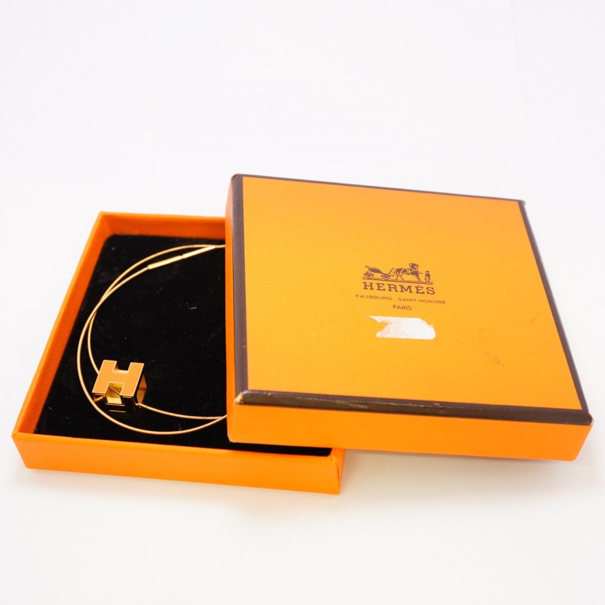 Hermes Necklace Cage d'Ash GP Plated Gold Orange Ladies