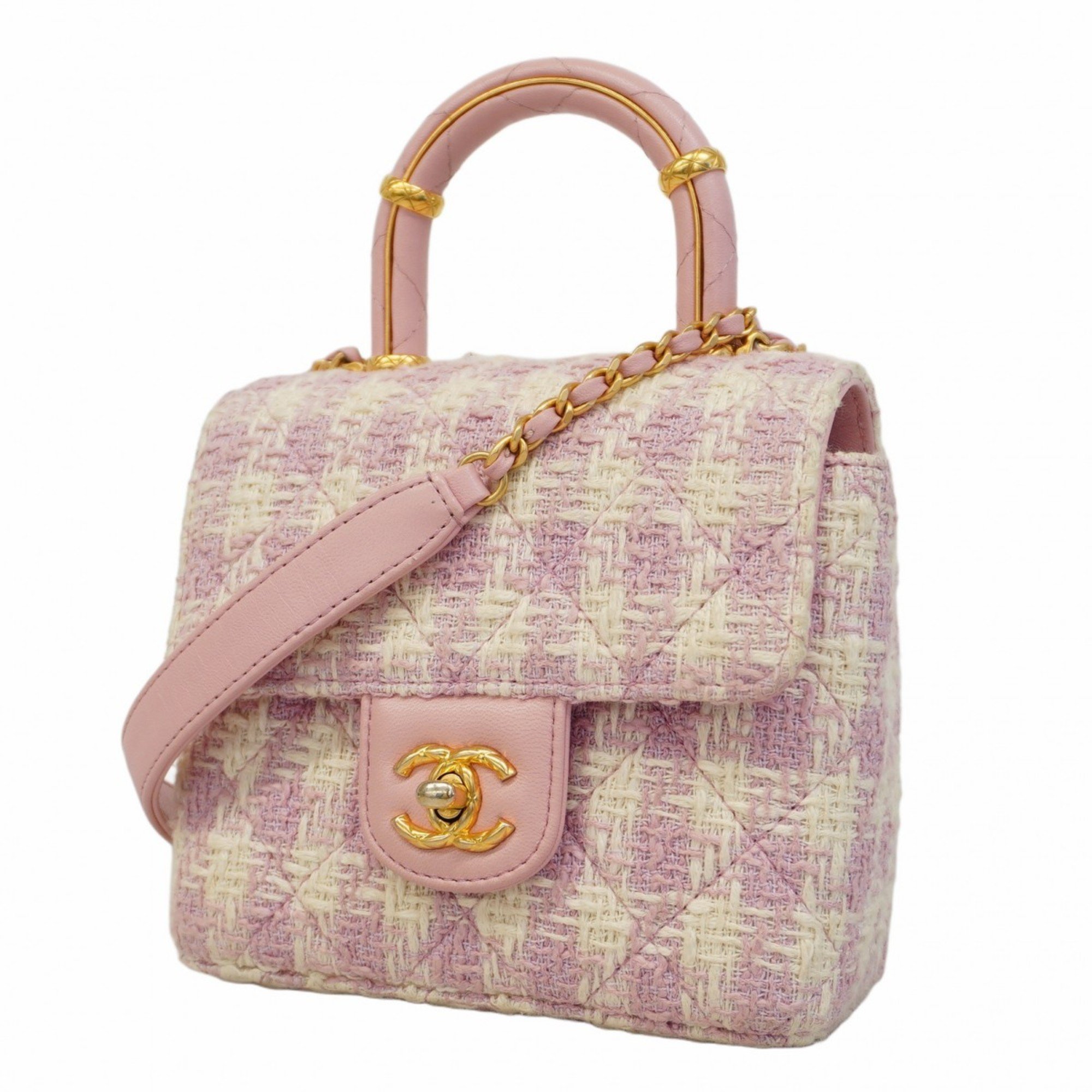 Chanel Shoulder Bag Matelasse Tweed Pink White Women's