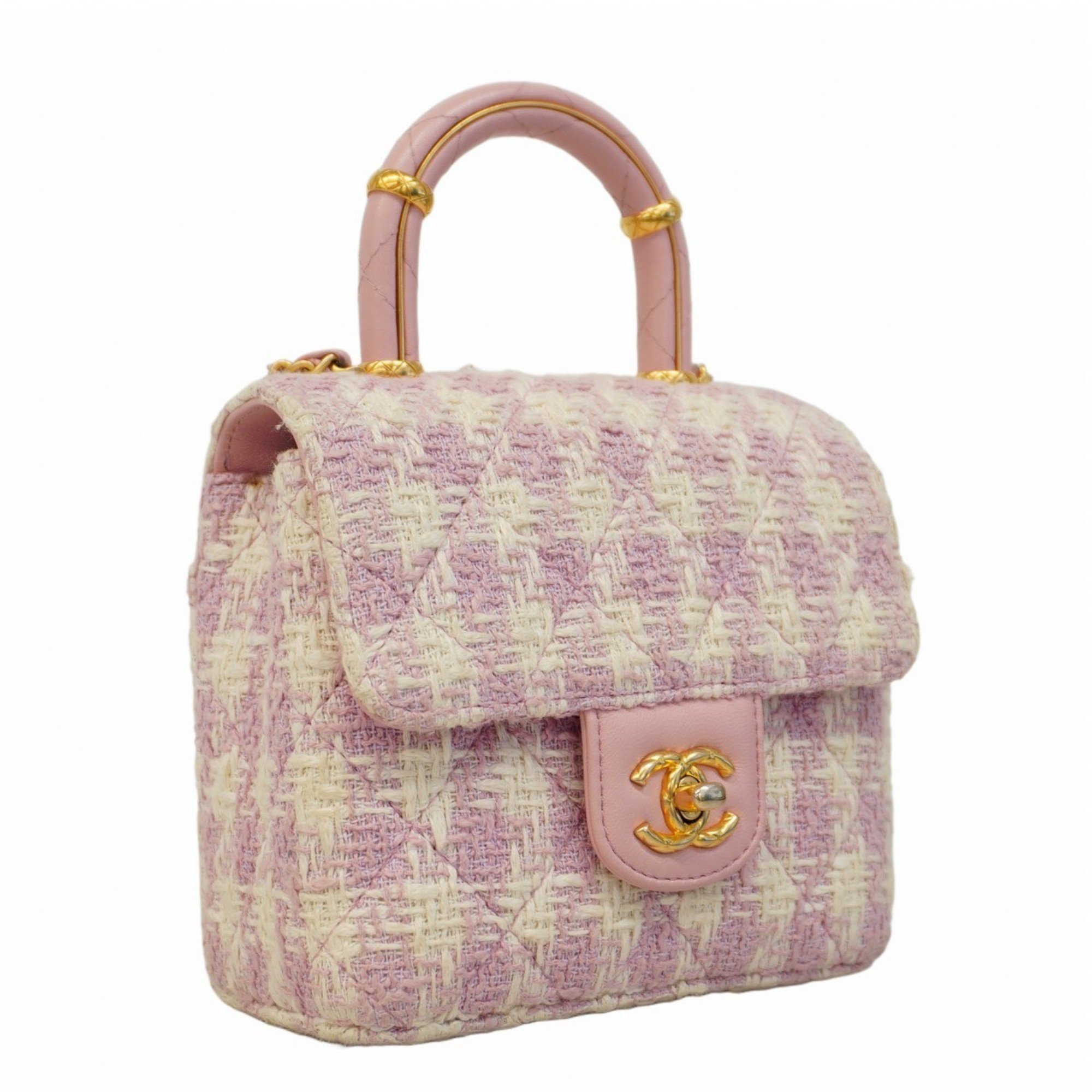 Chanel Shoulder Bag Matelasse Tweed Pink White Women's