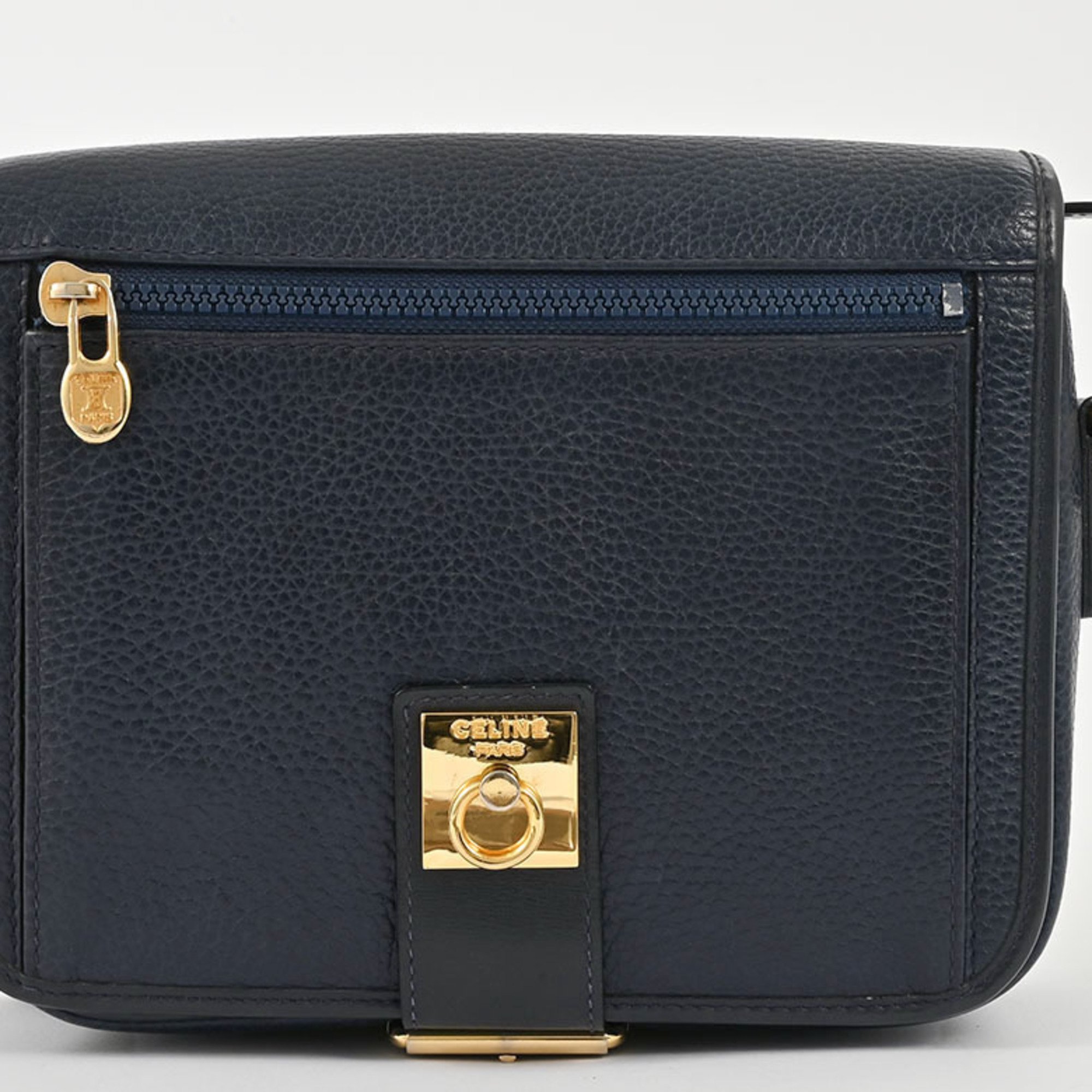 Celine Leather Flap Ring Shoulder Bag Navy Women's Old CELINE