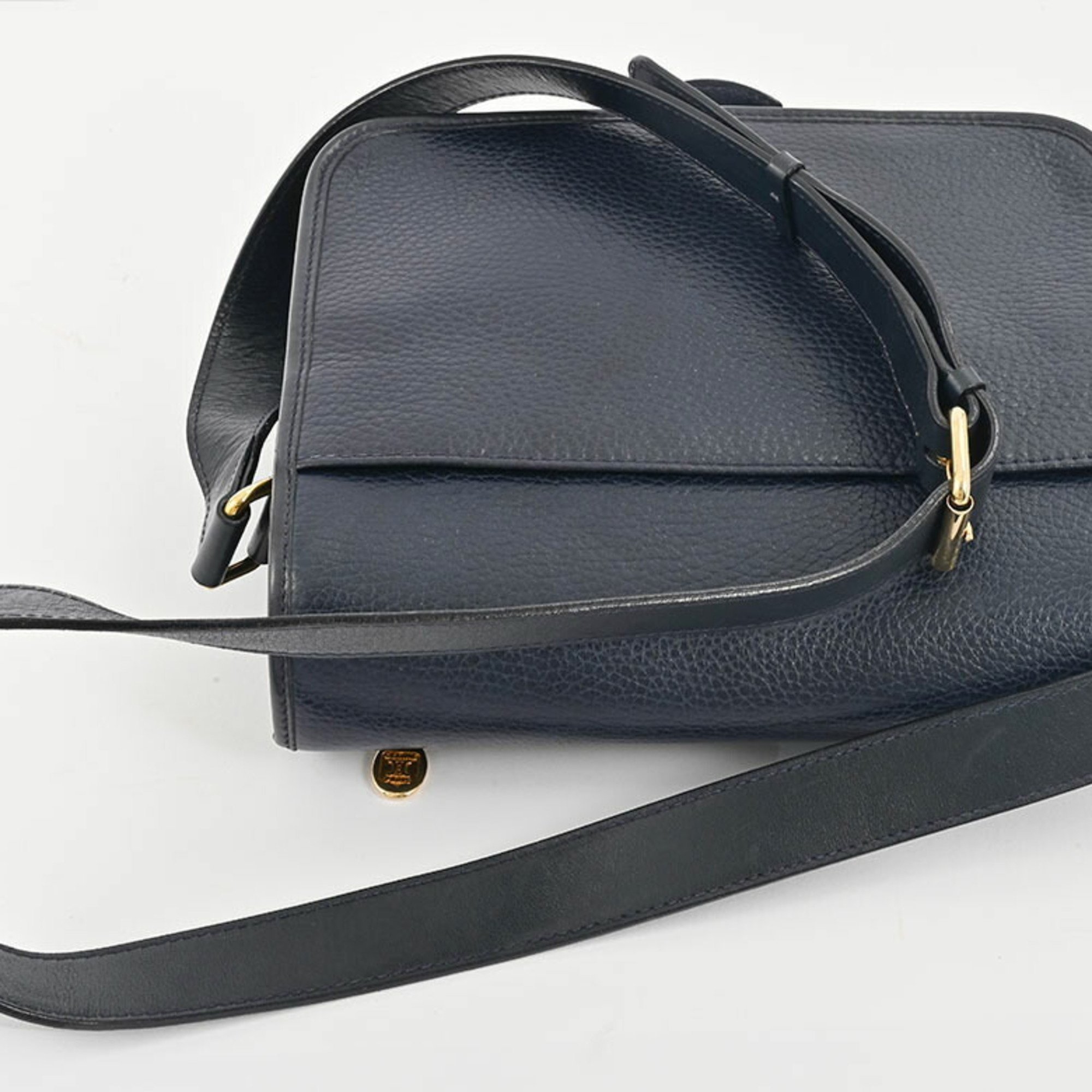 Celine Leather Flap Ring Shoulder Bag Navy Women's Old CELINE