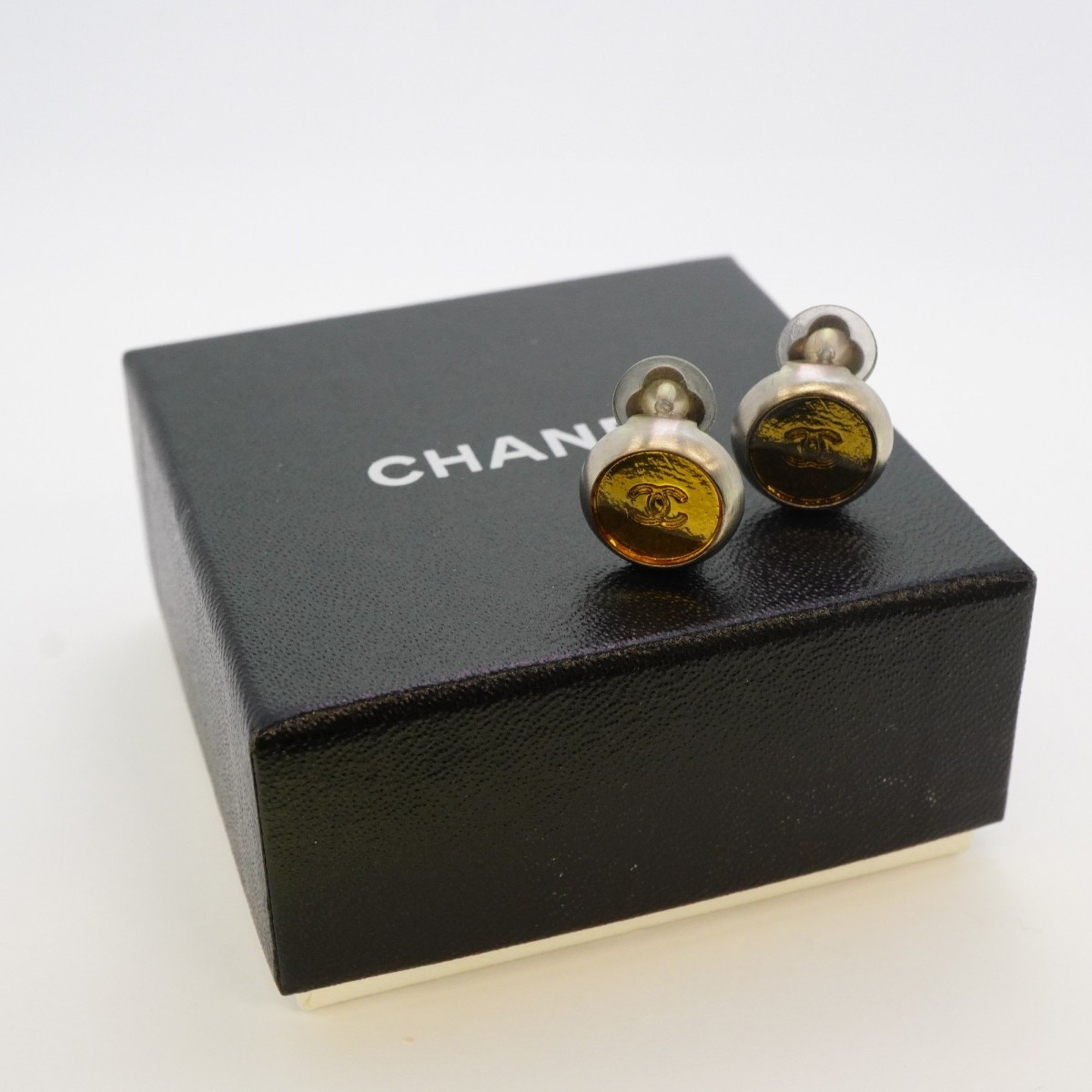 Chanel Earrings Coco Mark Circle Metal Silver Yellow Ladies