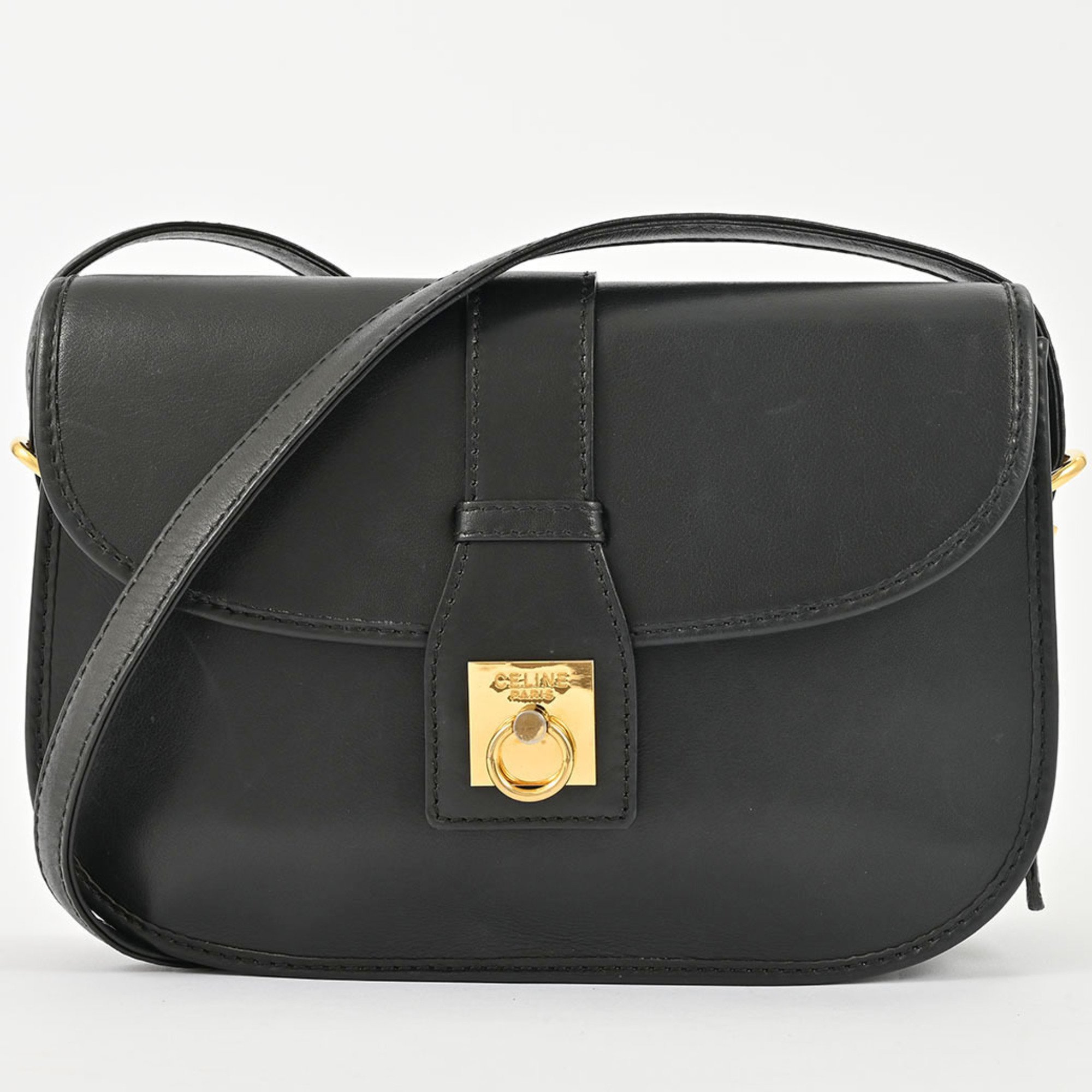 Celine Leather Flap Ring Shoulder Bag Black Women's Old CELINE