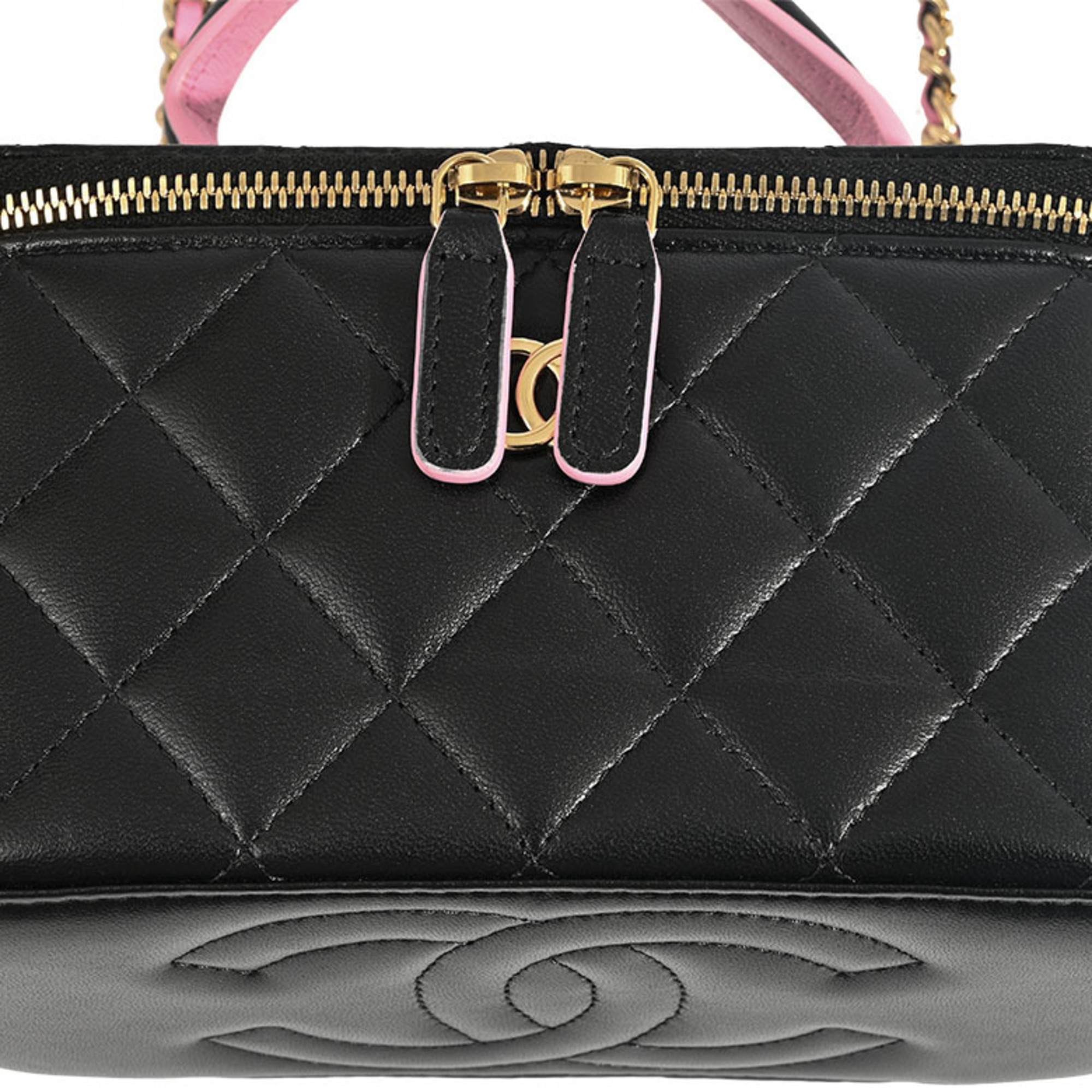 Chanel Vanity Chain Shoulder Bag Black|Pink Women's Leather Bicolor Matelasse CHANEL