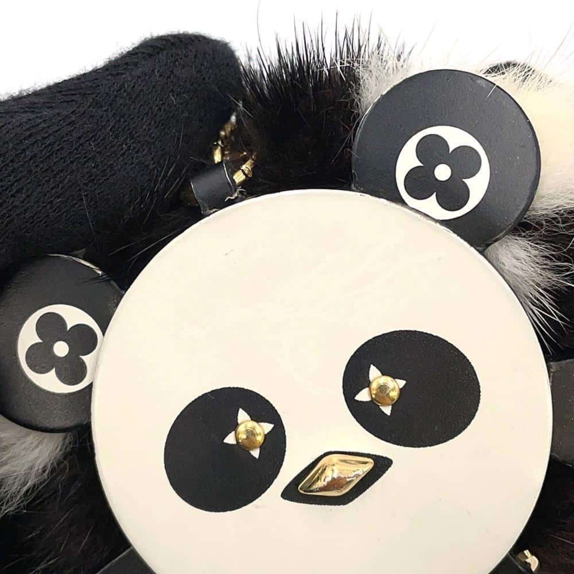 Louis Vuitton Keychain Portocle Wild Panda Fur Leather M63094 LOUIS VUITTON Charm Black White