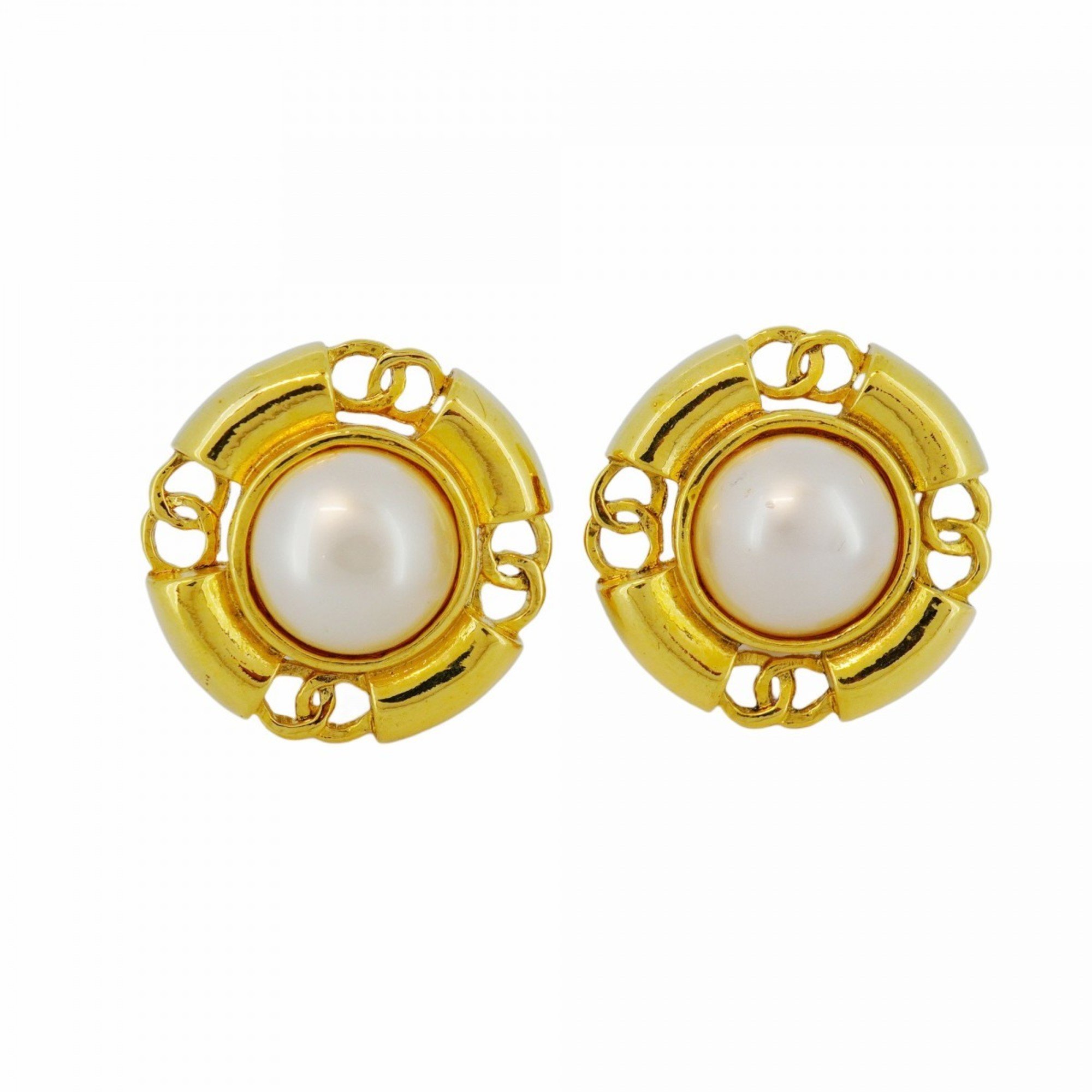 Chanel Earrings Coco Mark Circle Fake Pearl GP Plated Gold Ladies