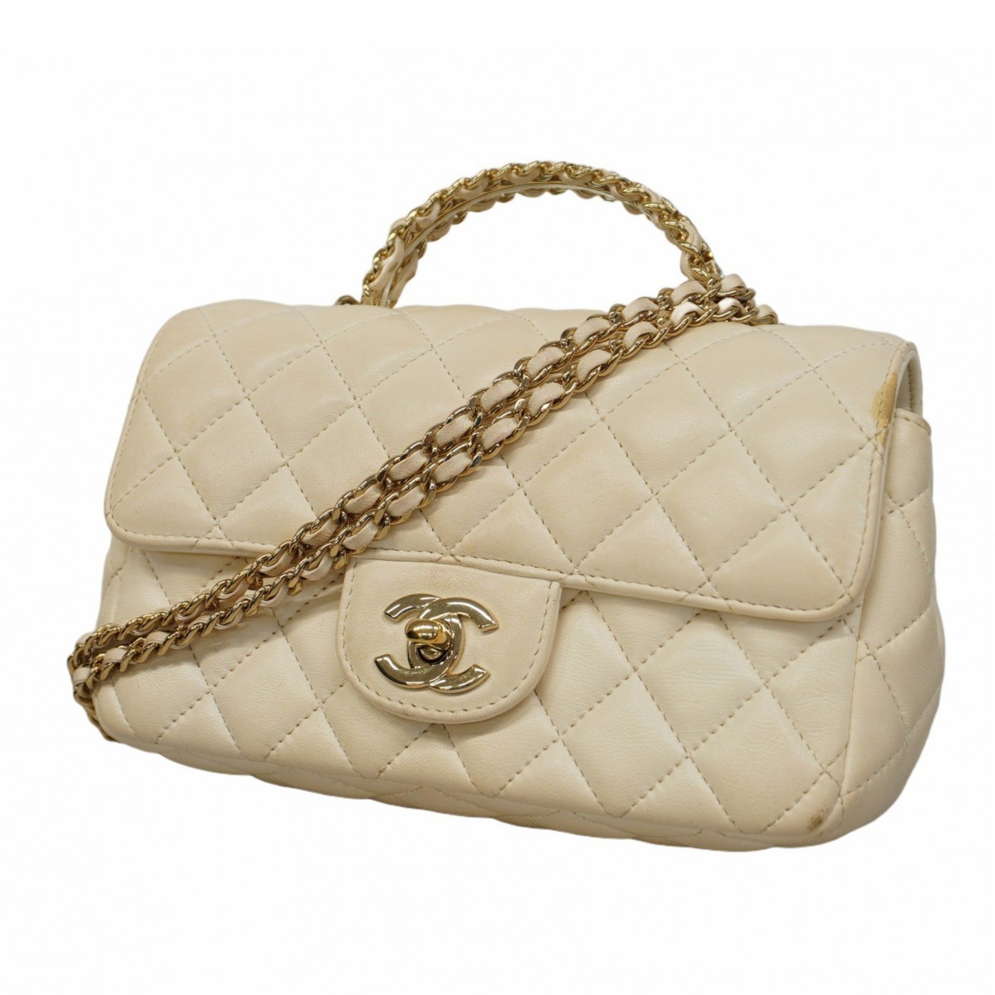 Chanel Shoulder Bag Matelasse Lambskin White Champagne Ladies