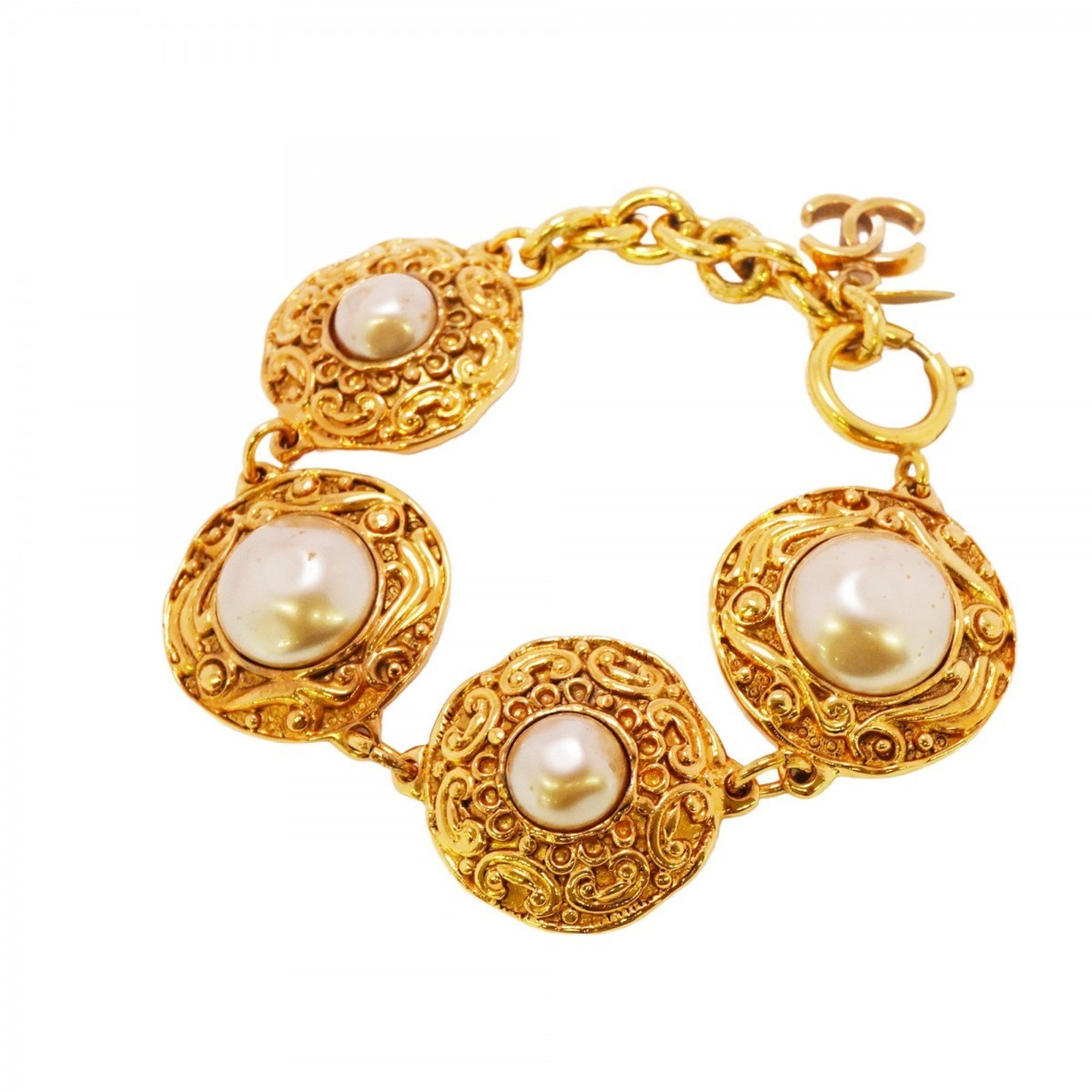 Chanel Bracelet Coco Mark Circle Fake Pearl GP Plated Gold Ladies