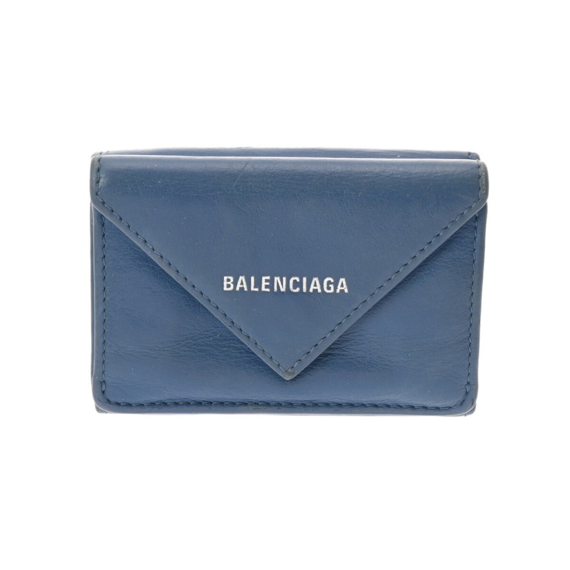 BALENCIAGA Paper Wallet Blue Unisex Calf Leather Tri-fold