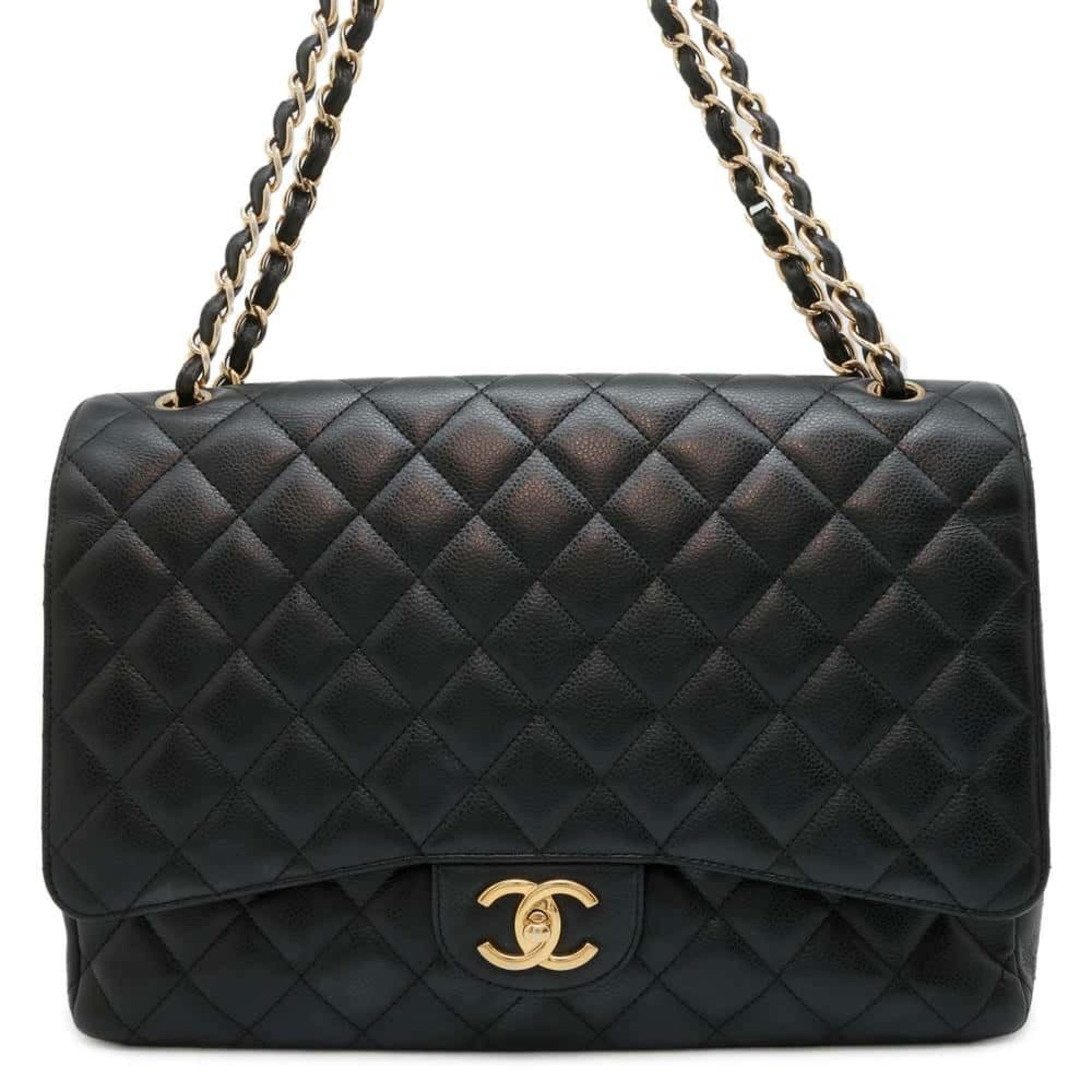 Chanel Chain Shoulder Bag Matelasse 34 Maxi Coco Mark Double Flap Caviar Skin A58601 Dekamato Black