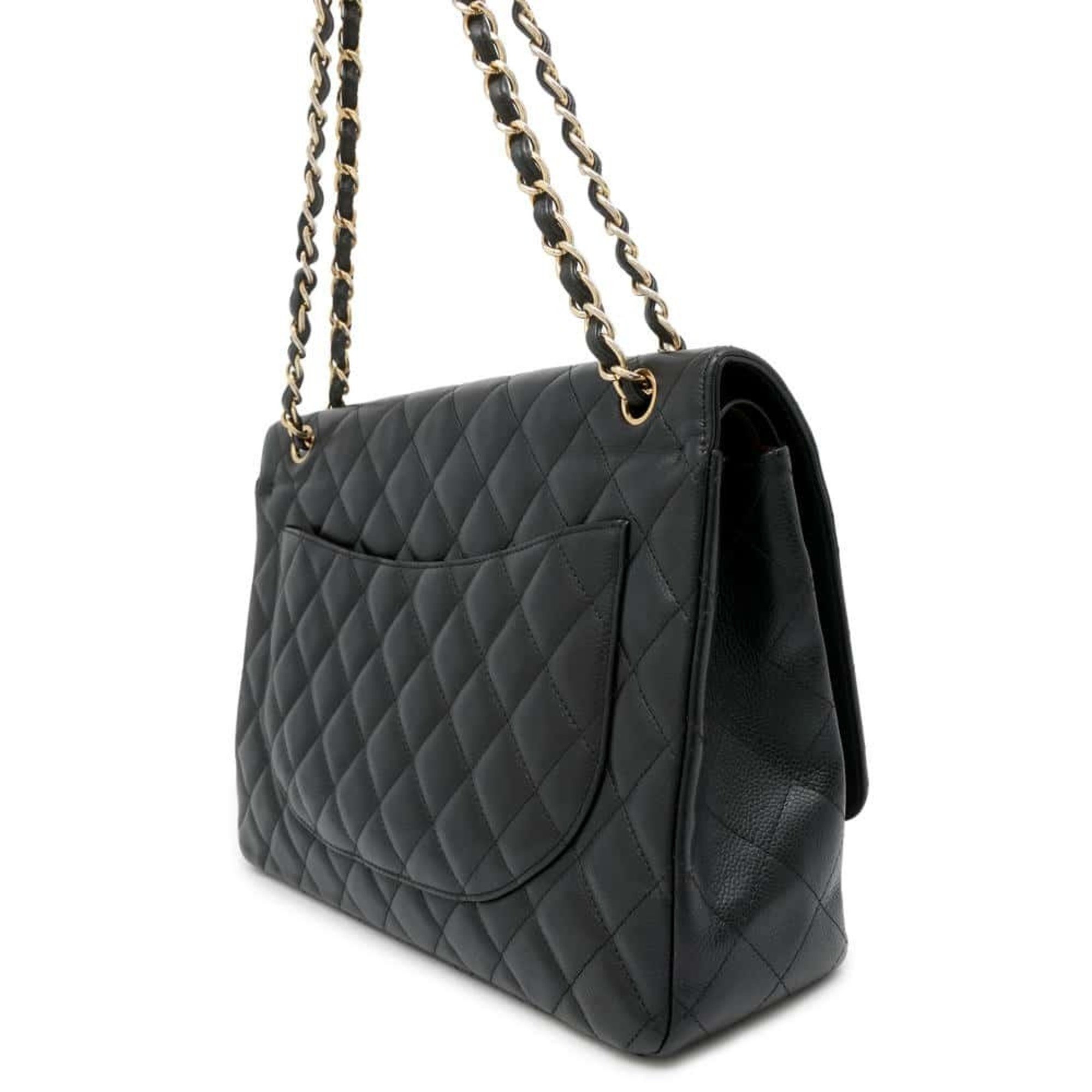 Chanel Chain Shoulder Bag Matelasse 34 Maxi Coco Mark Double Flap Caviar Skin A58601 Dekamato Black