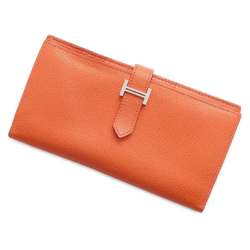 Hermes Long Wallet Bearn Soufflet Orange Chevre Mysore □ O Stamp HERMES