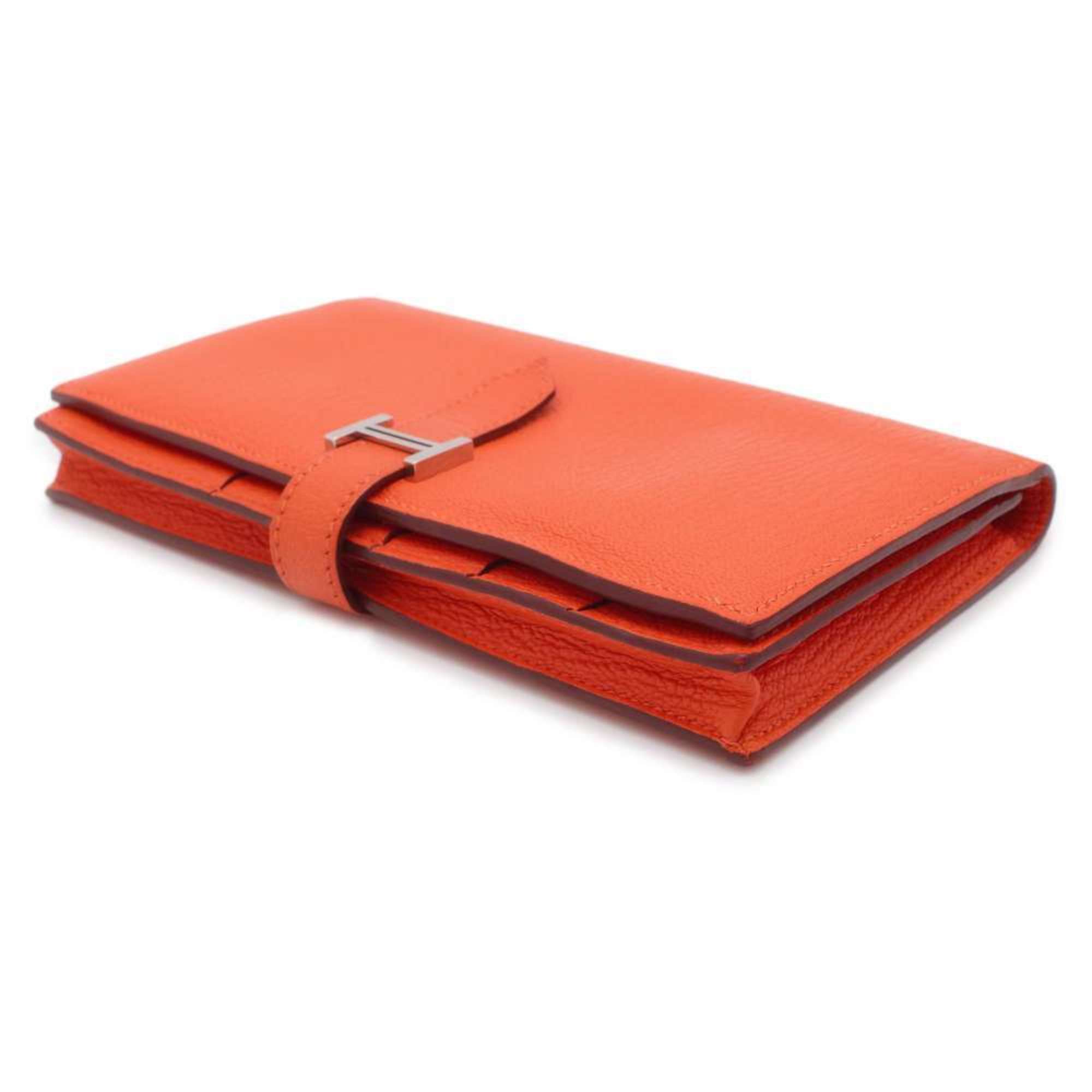 Hermes Long Wallet Bearn Soufflet Orange Chevre Mysore □ O Stamp HERMES