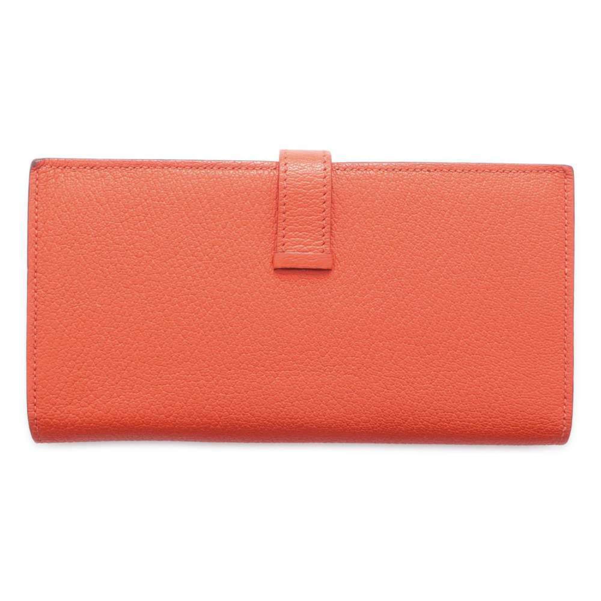 Hermes Long Wallet Bearn Soufflet Orange Chevre Mysore □ O Stamp HERMES