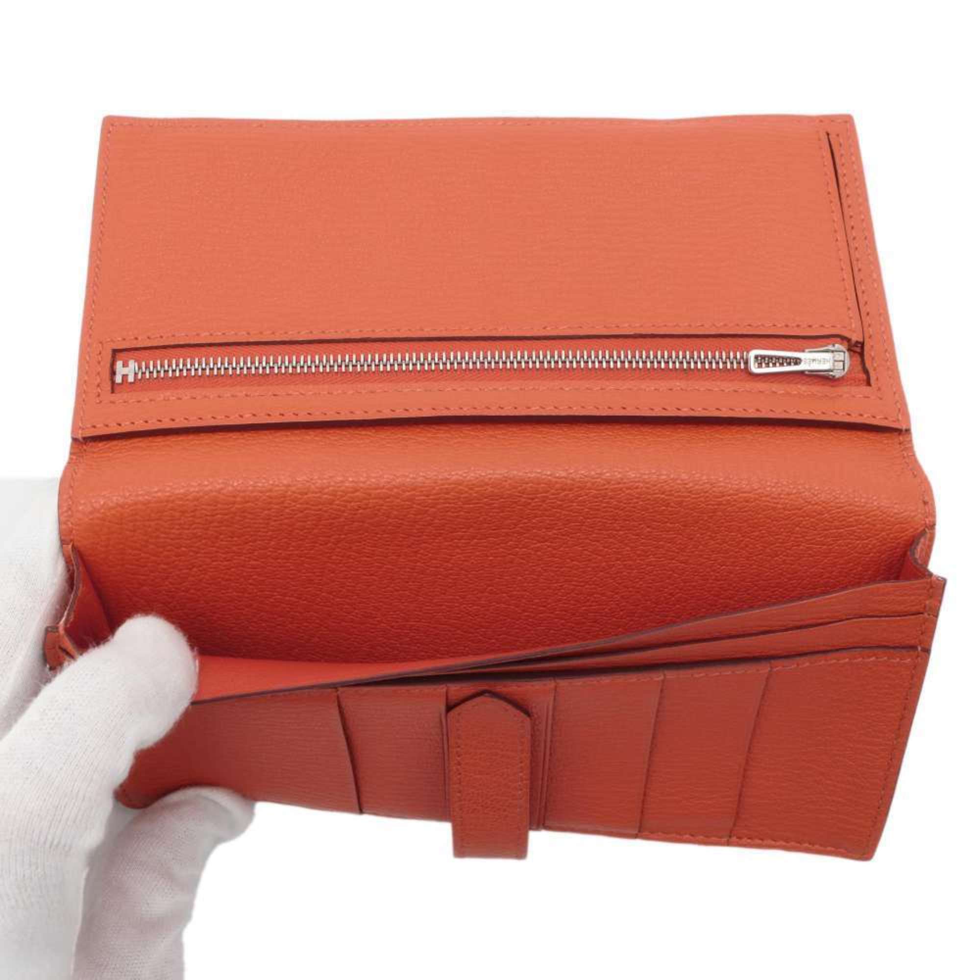 Hermes Long Wallet Bearn Soufflet Orange Chevre Mysore □ O Stamp HERMES