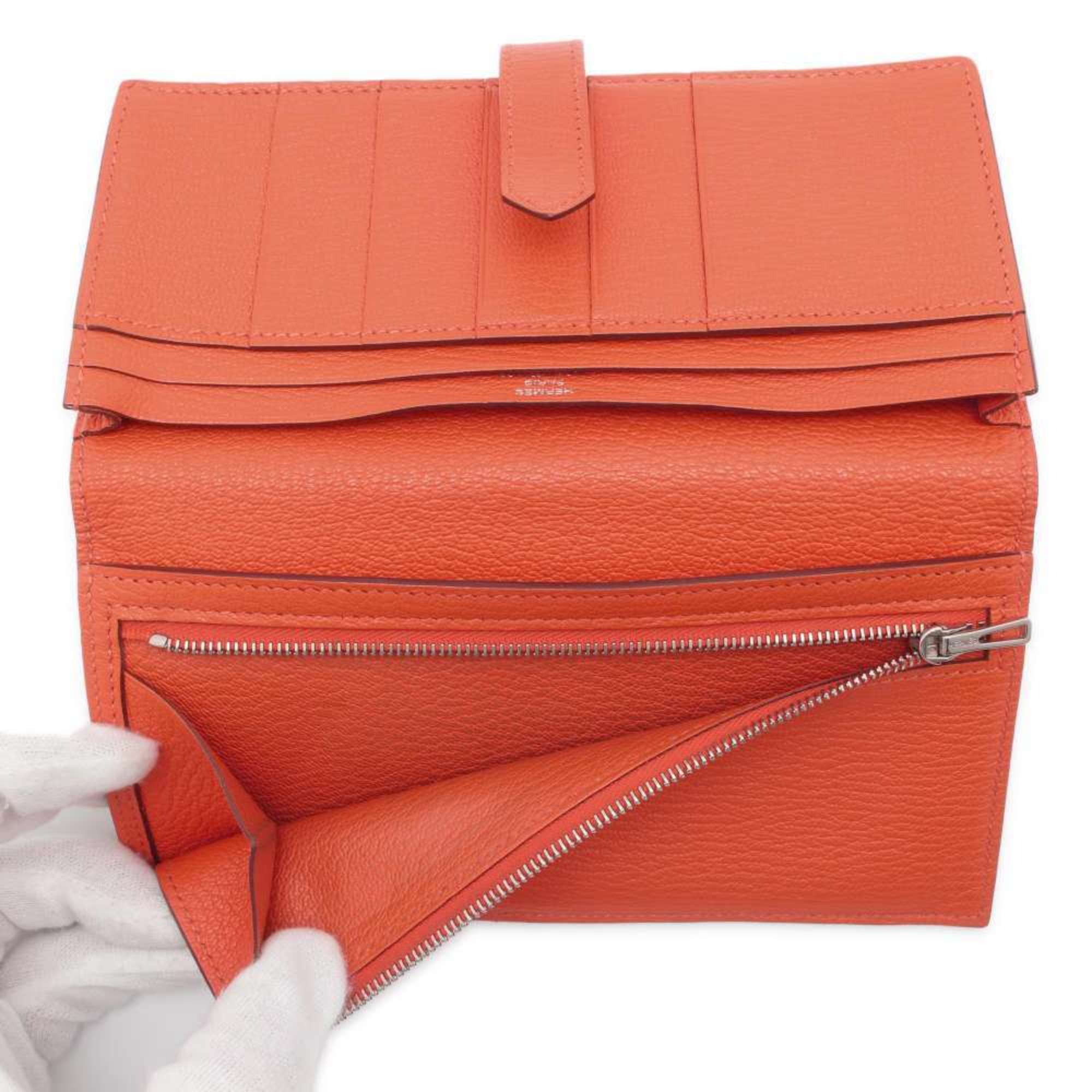 Hermes Long Wallet Bearn Soufflet Orange Chevre Mysore □ O Stamp HERMES