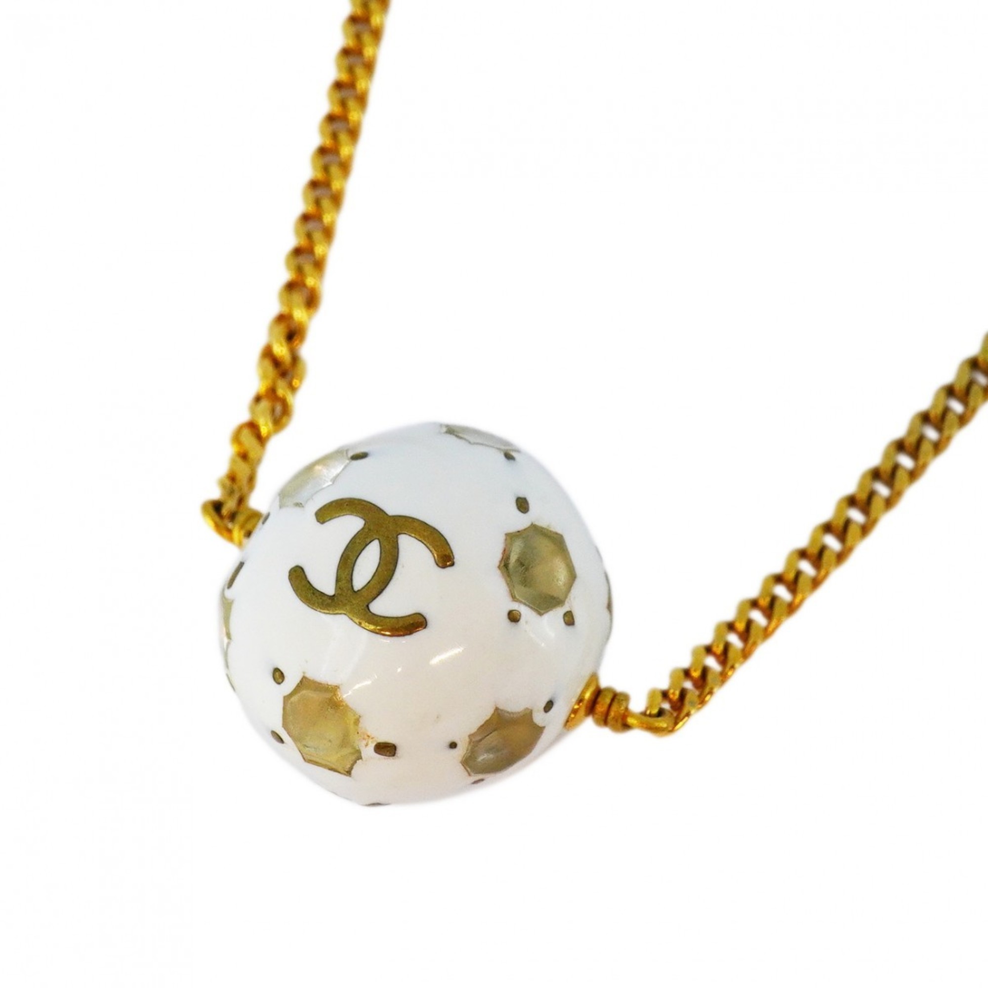 Chanel Necklace Coco Mark Ball Rhinestone GP Plated Gold White Ladies