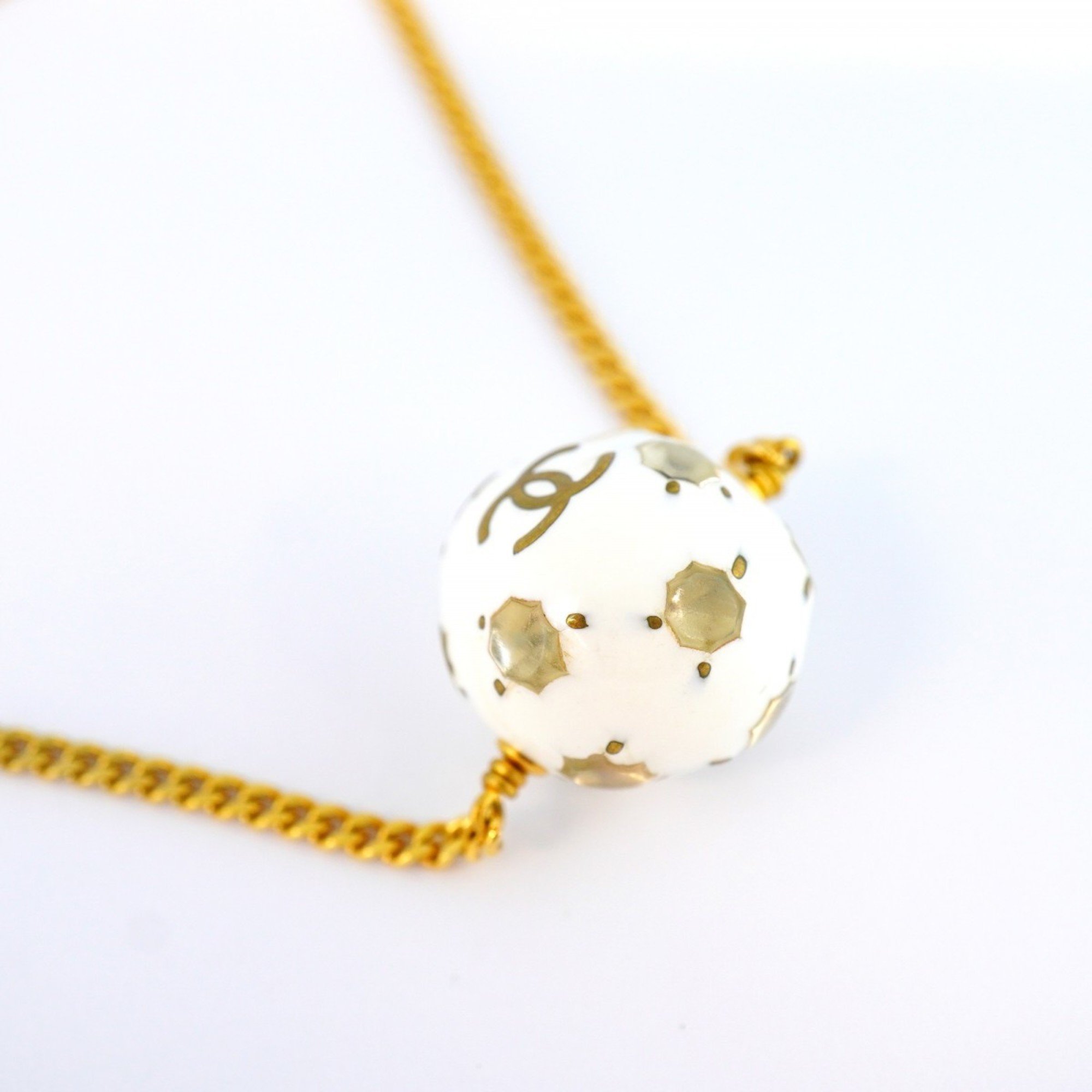 Chanel Necklace Coco Mark Ball Rhinestone GP Plated Gold White Ladies