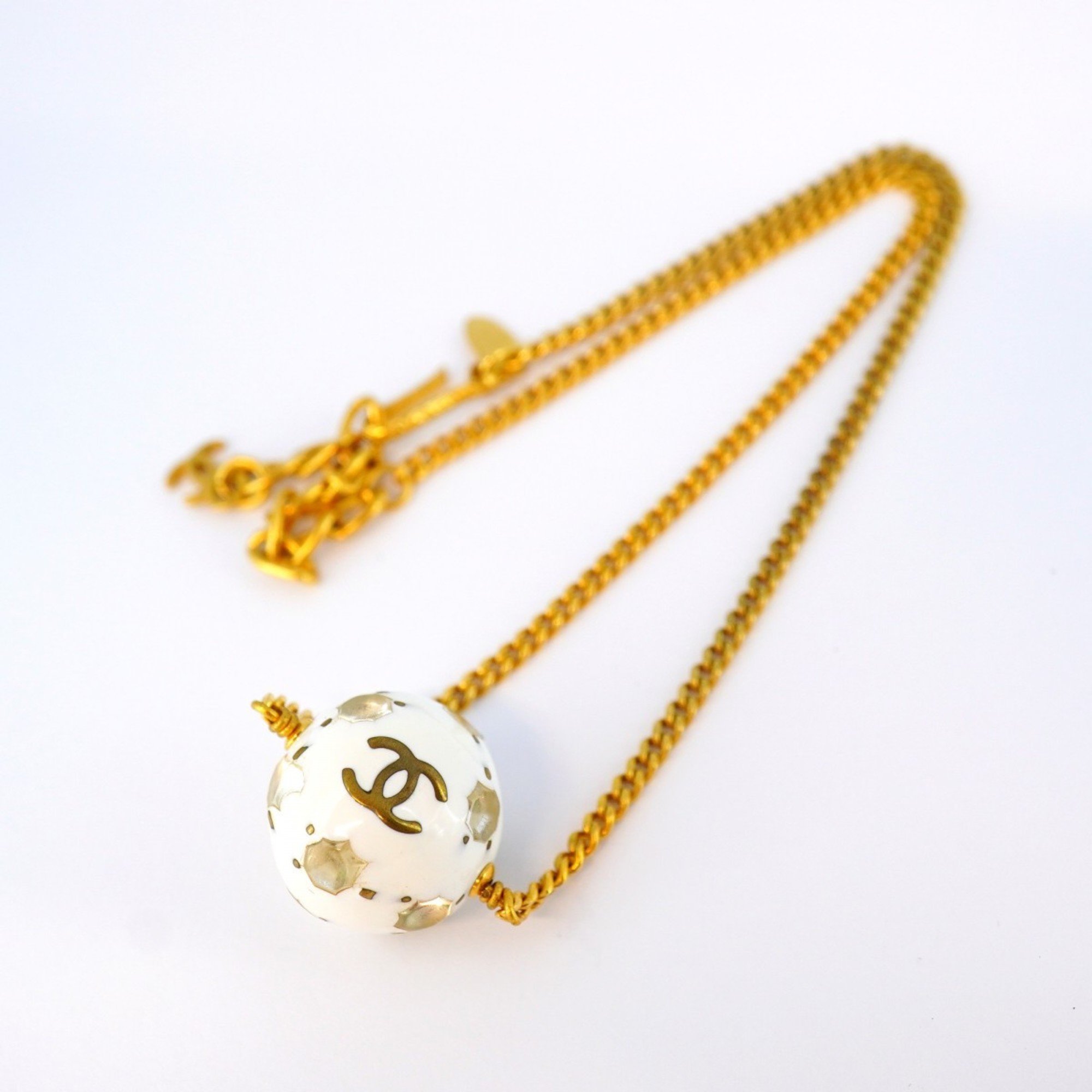 Chanel Necklace Coco Mark Ball Rhinestone GP Plated Gold White Ladies