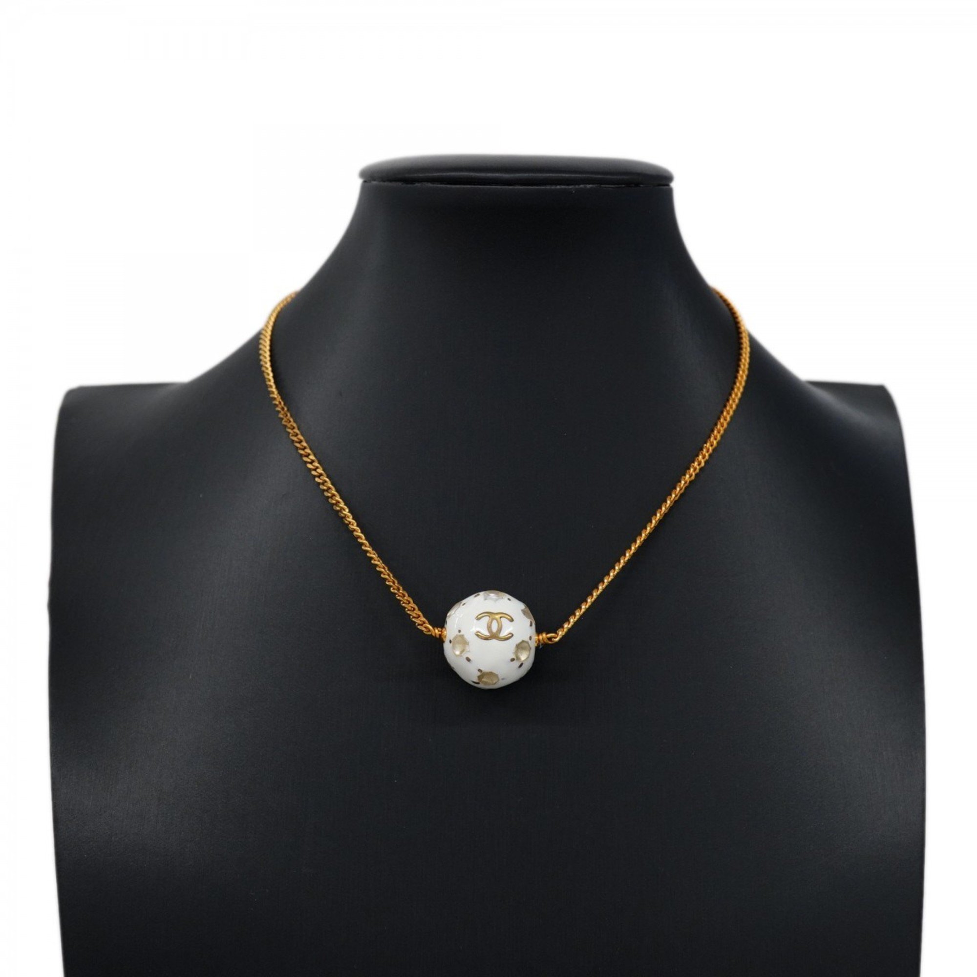 Chanel Necklace Coco Mark Ball Rhinestone GP Plated Gold White Ladies