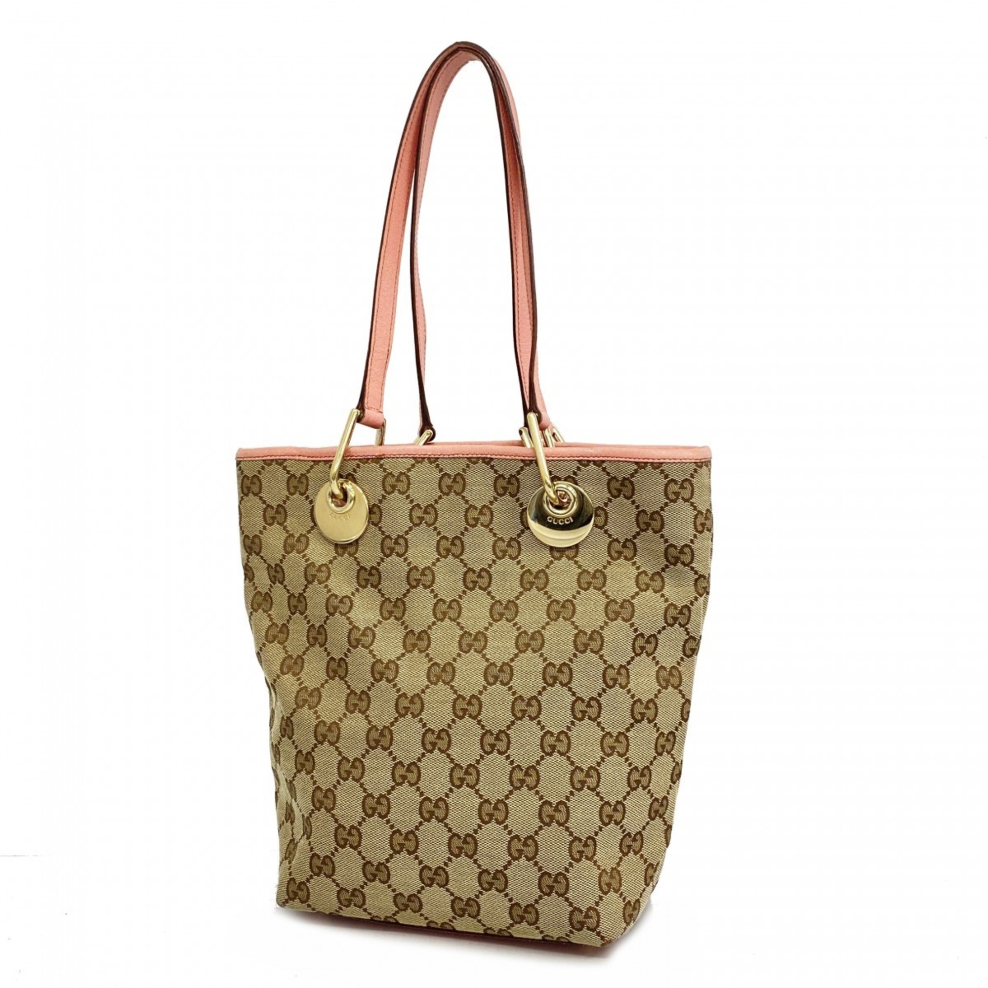 Gucci Tote Bag GG Canvas 120840 Leather Brown Pink Champagne Women's