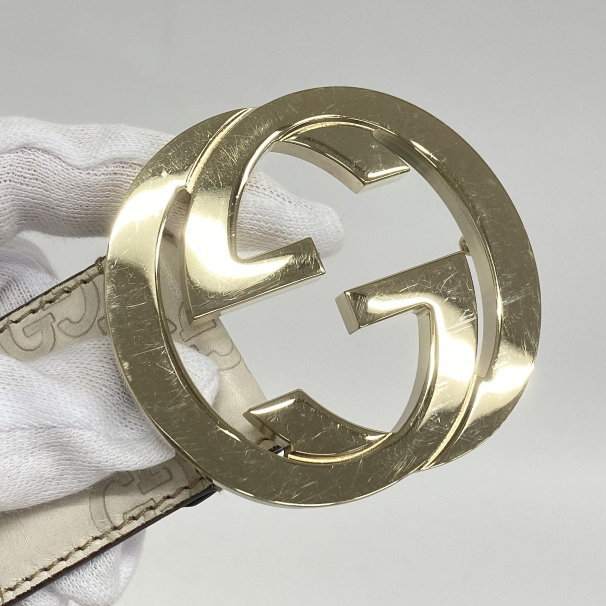 Gucci Belt Interlocking G Guccissima 114876 Leather White Champagne Men's