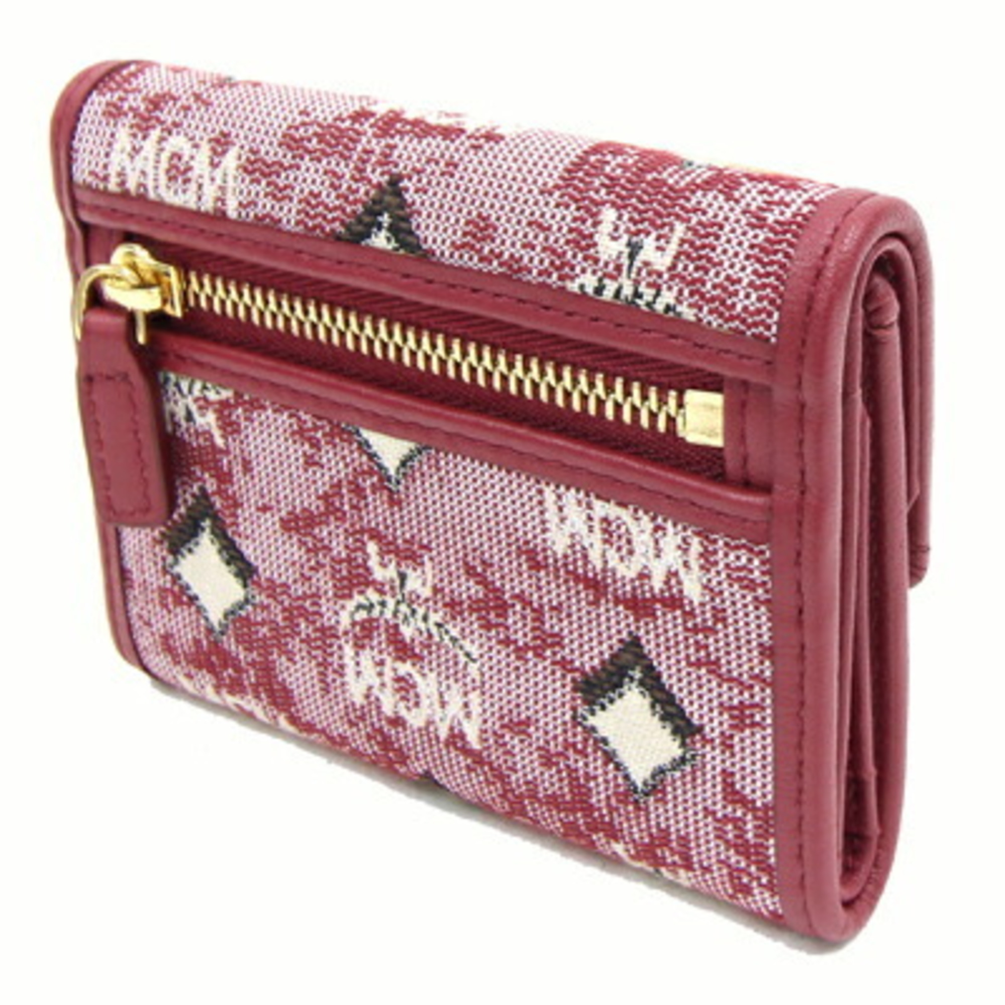 MCM Tri-fold Wallet MYS BATQ01 Bordeaux Jacquard Leather Compact Red Women's