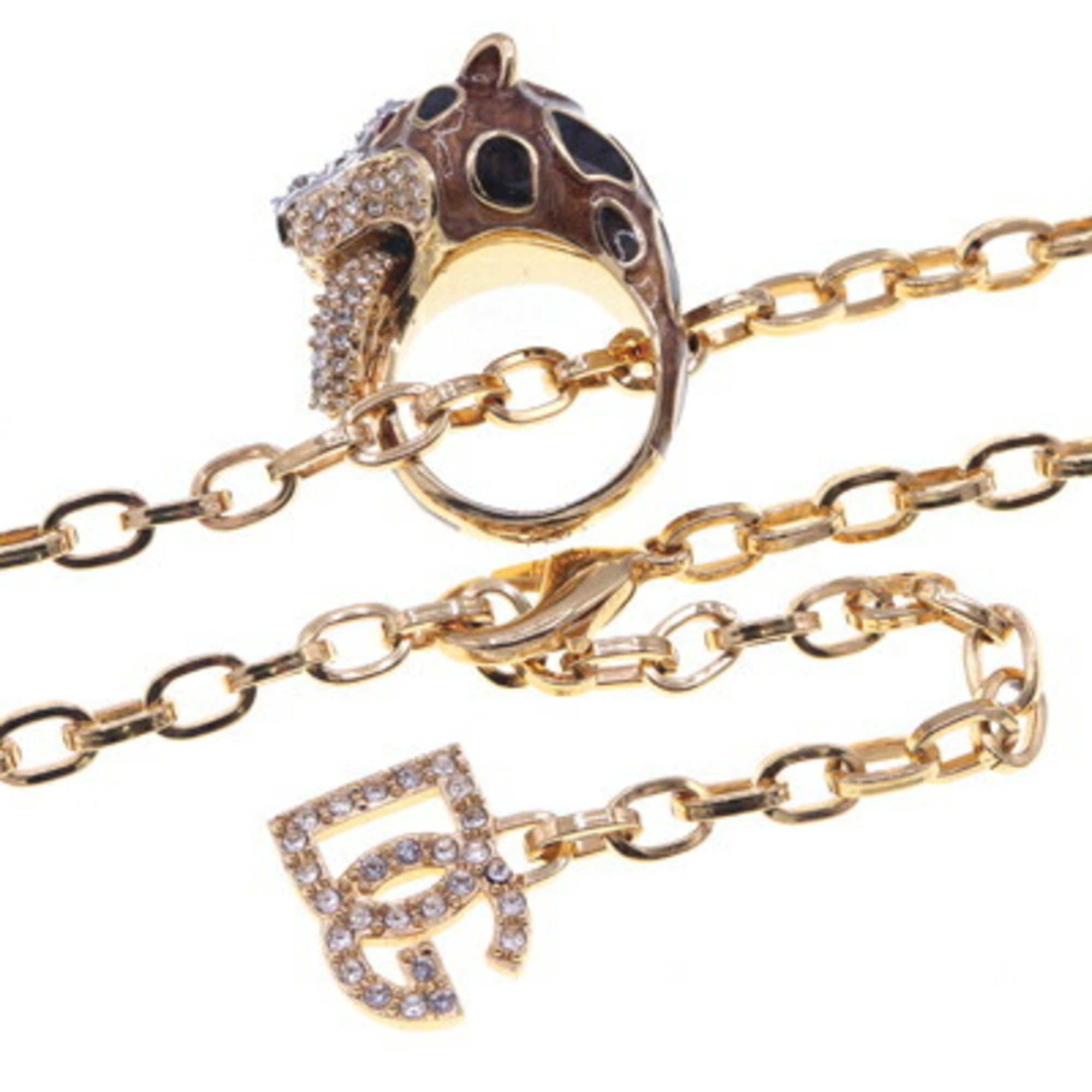 Dolce & Gabbana Necklace Panther Head Ring Motif Gold Metal Rhinestone Pendant Leopard Women's DOLCE GABBANA