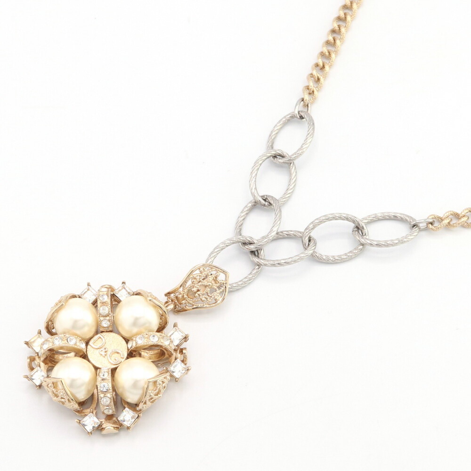 Dolce & Gabbana Necklace Gold Silver Metal Faux Pearl Rhinestone Pendant Choker Women's DOLCE GABBANA