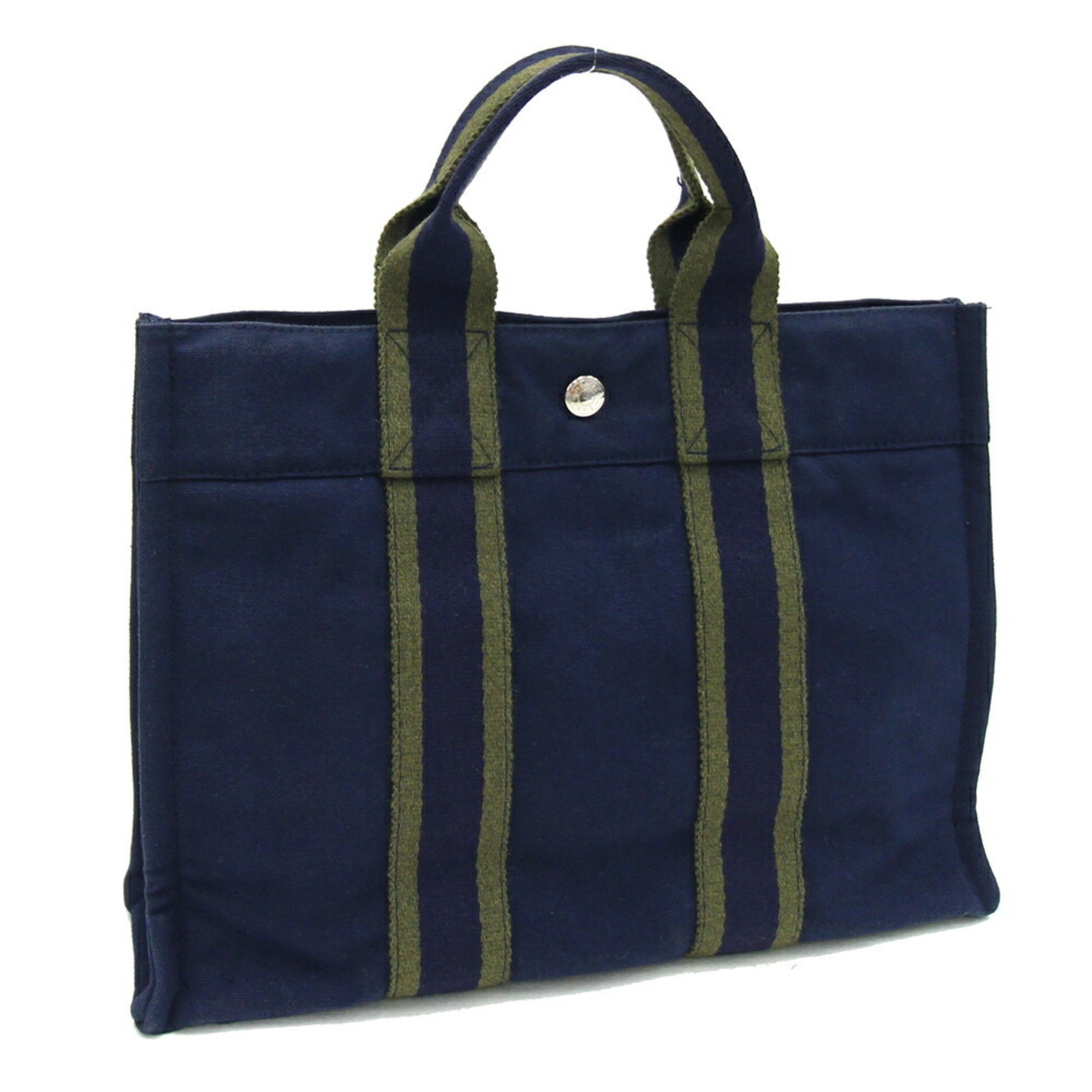 Hermes Handbag Foult Tote PM Navy Olive Cotton Canvas Women's Men's Unisex HERMES