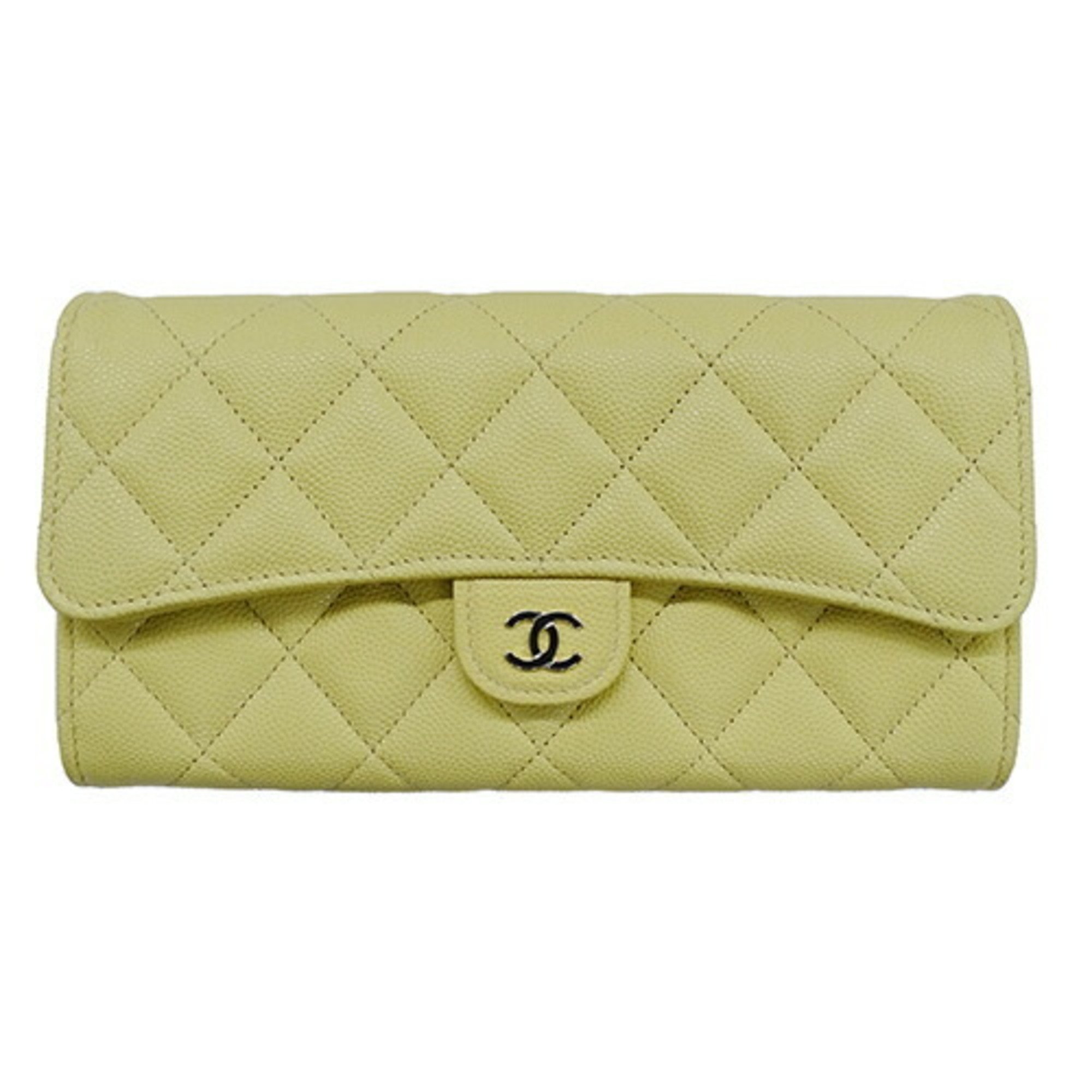 CHANEL Wallet Matelasse Women's Long Caviar Skin Classic Flap Yellow AP0241 Coco Mark