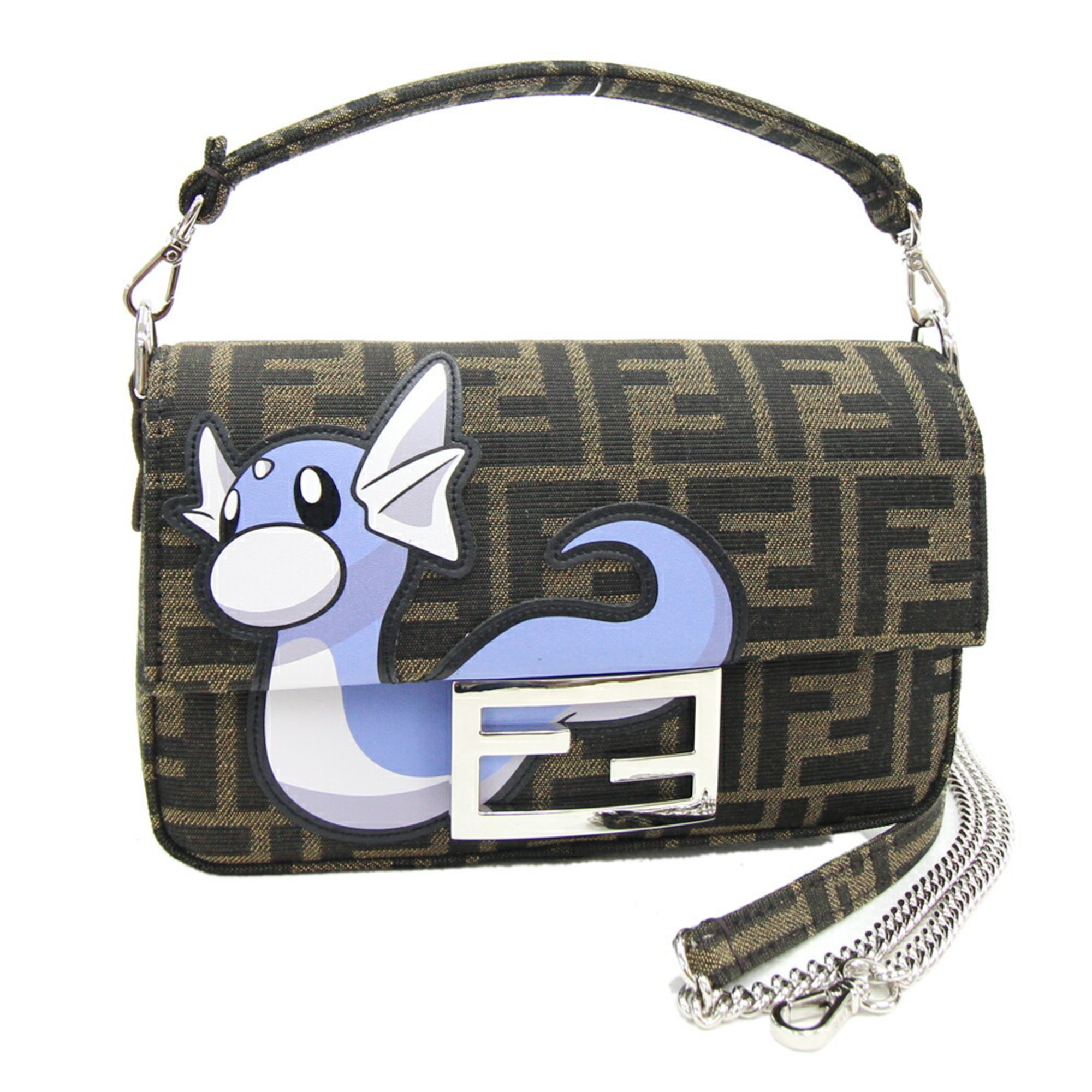 Fendi Handbag Pokemon Fragment Collaboration Baguette Ryu 8BS017 Brown Jacquard Canvas Chain Shoulder Bag Zucca Women's FENDI