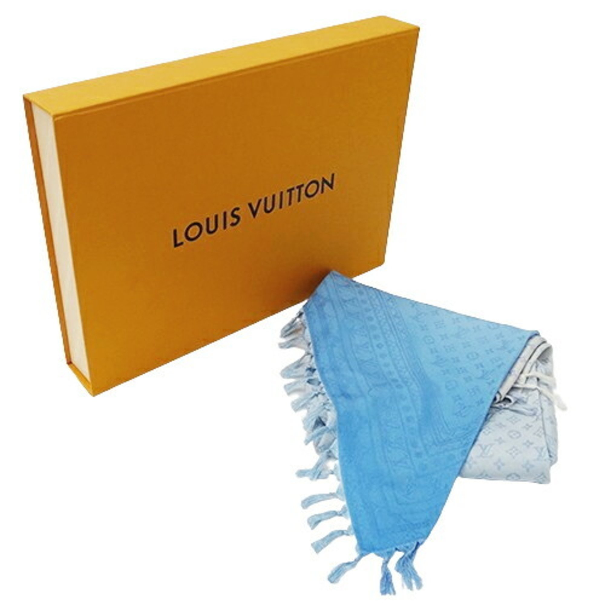 Louis Vuitton LOUIS VUITTON Stole Shawl Women's Desert Monogram Pool Silk Blue Gradient M76803 Large Size