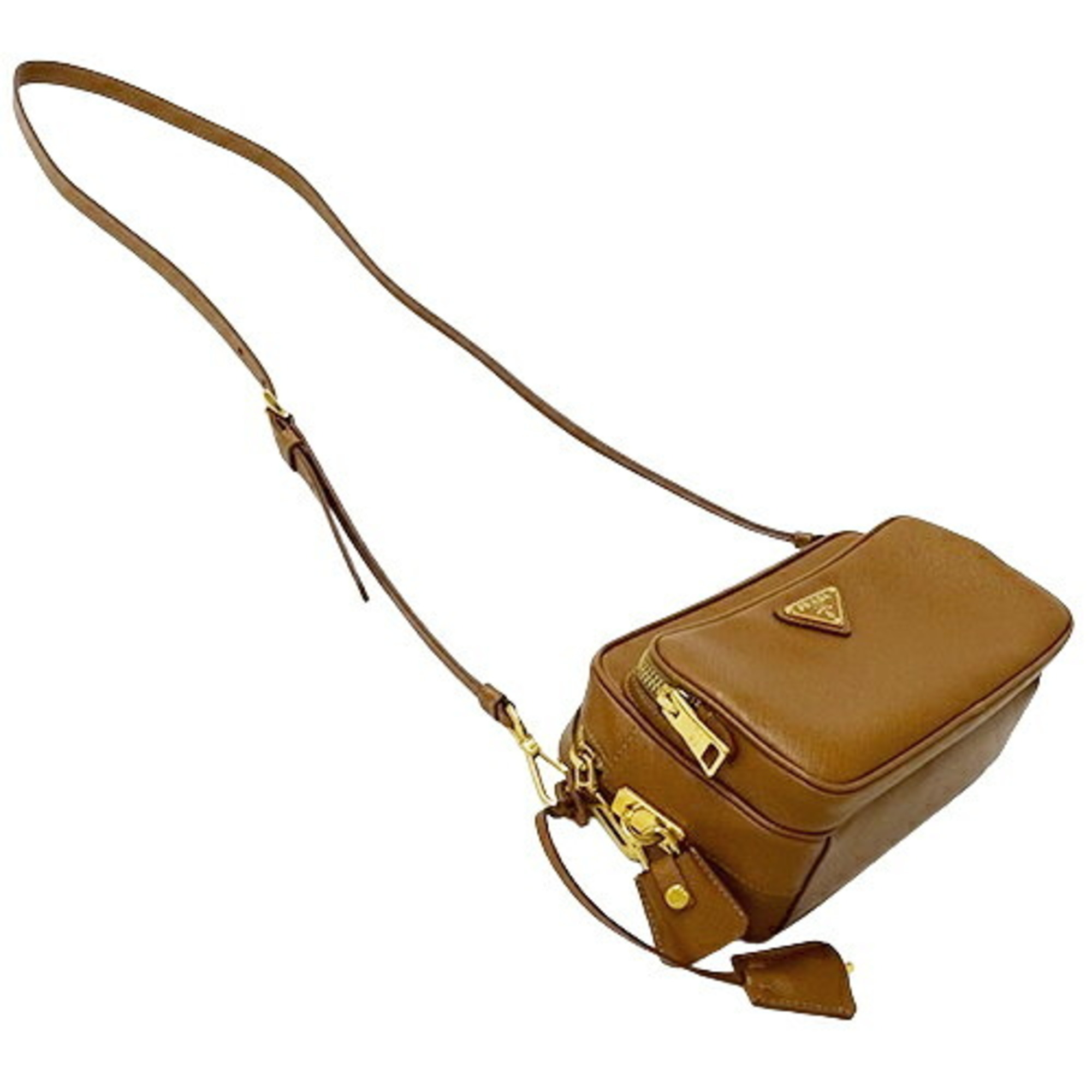 PRADA Women's Shoulder Bag Saffiano Brown Camel BT1010 Compact