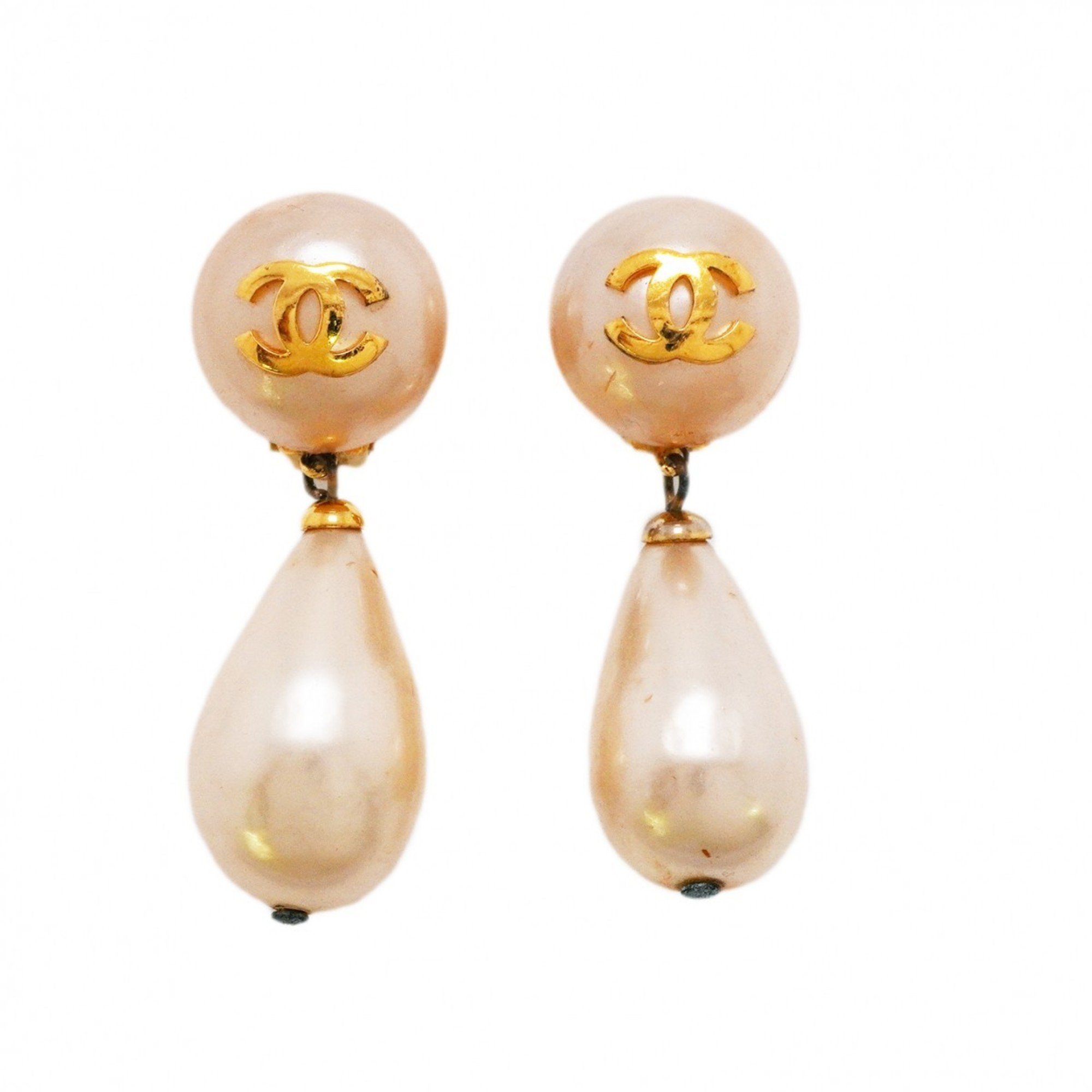 Chanel Earrings Coco Mark Circle Fake Pearl GP Plated Gold Ladies