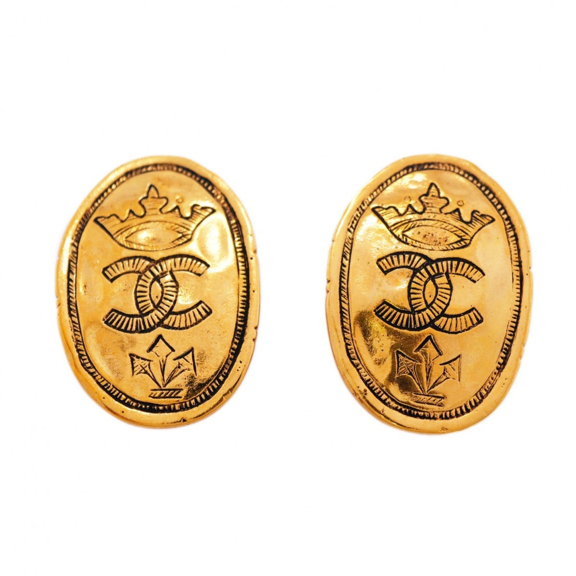 Chanel Earrings Coco Mark Oval GP Plated Gold Ladies