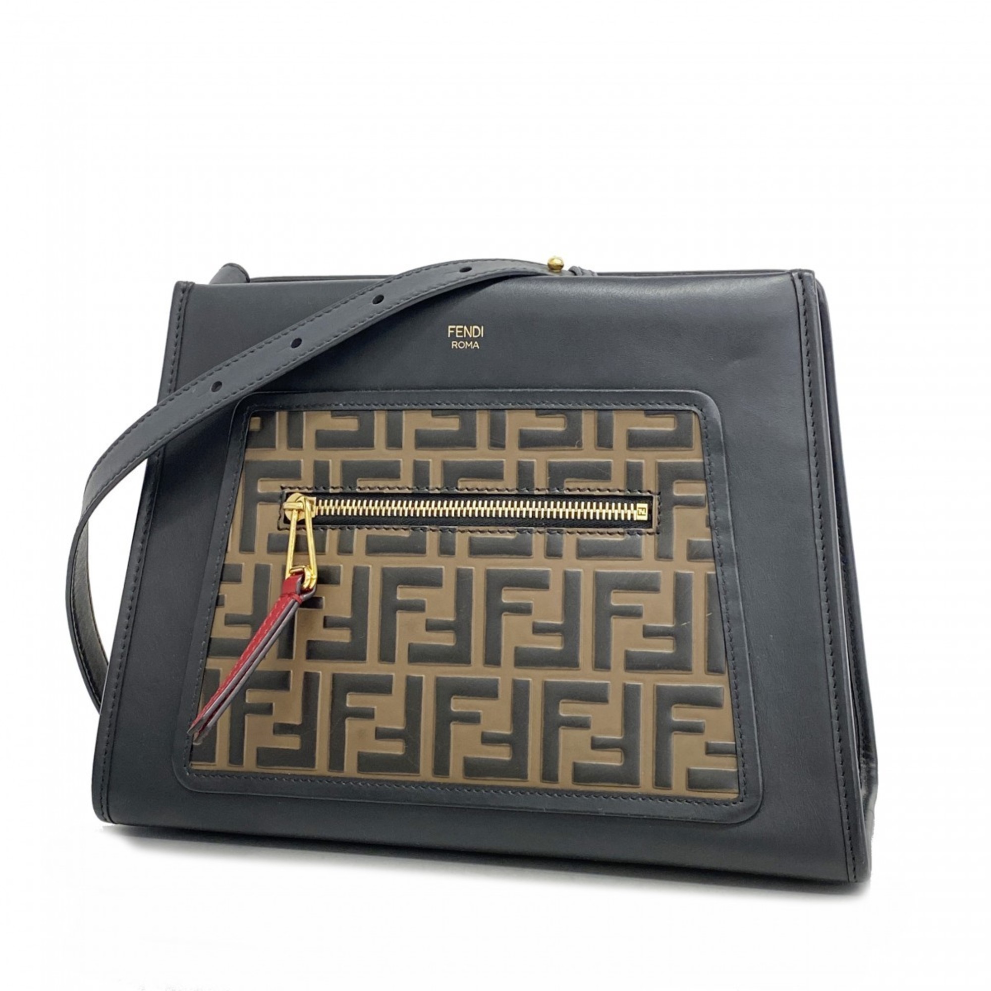 Fendi Handbag Zucca Runaway Leather Black Brown Women's