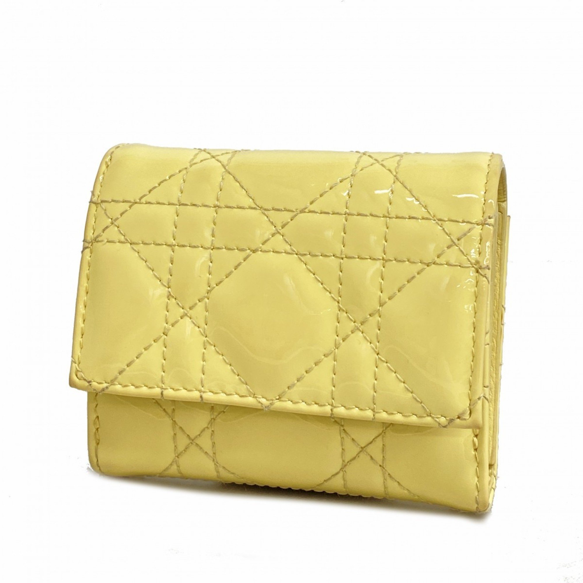 Christian Dior Tri-fold Wallet Cannage Enamel Yellow Women's