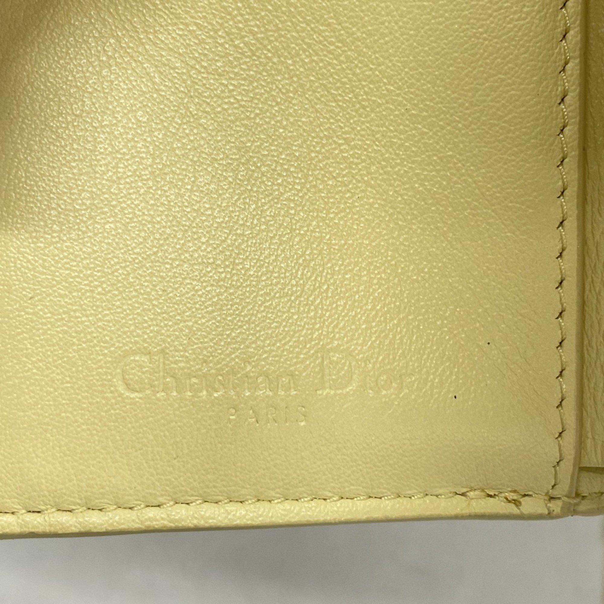 Christian Dior Tri-fold Wallet Cannage Enamel Yellow Women's