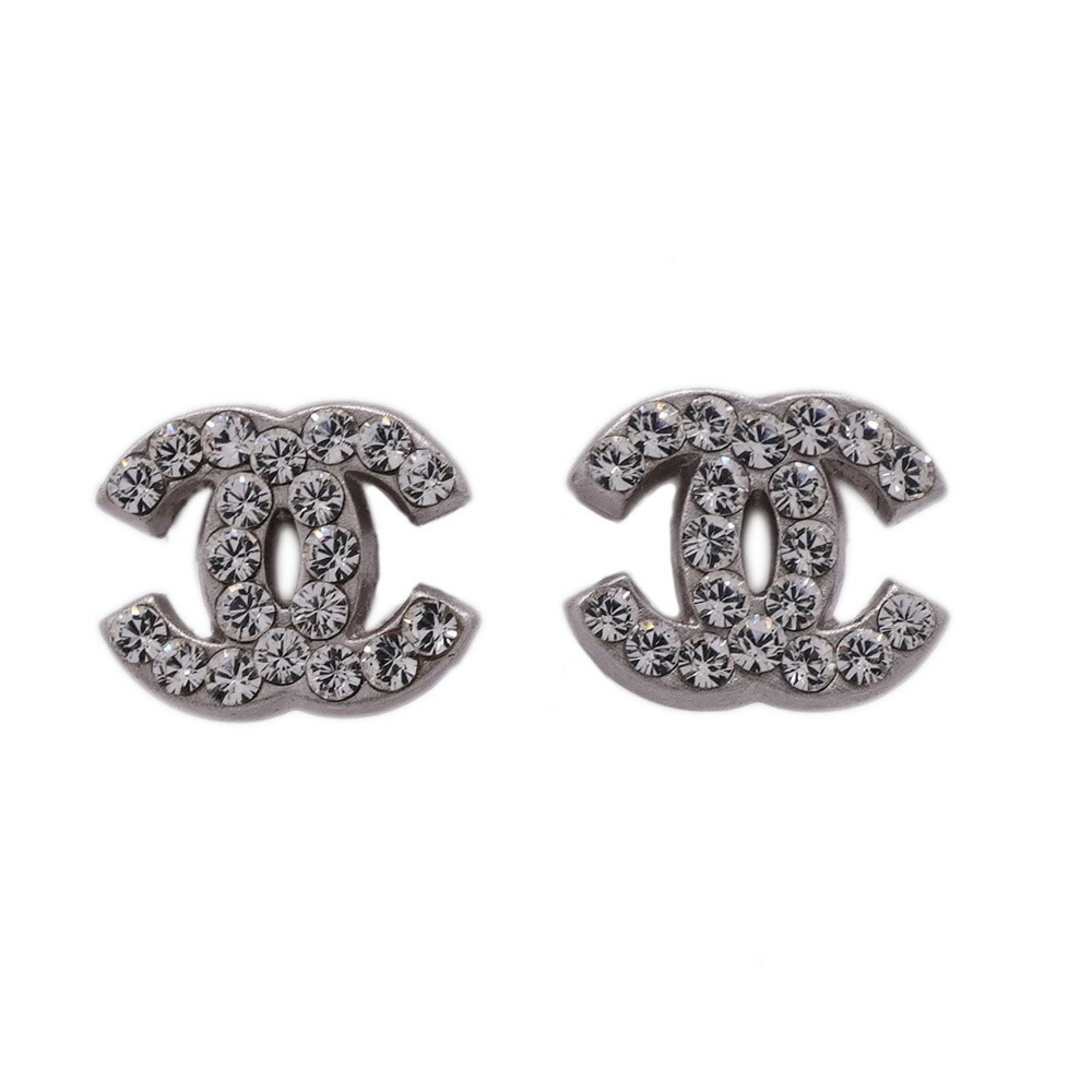 Chanel earrings, Coco mark, rhinestone, metal, silver, for women