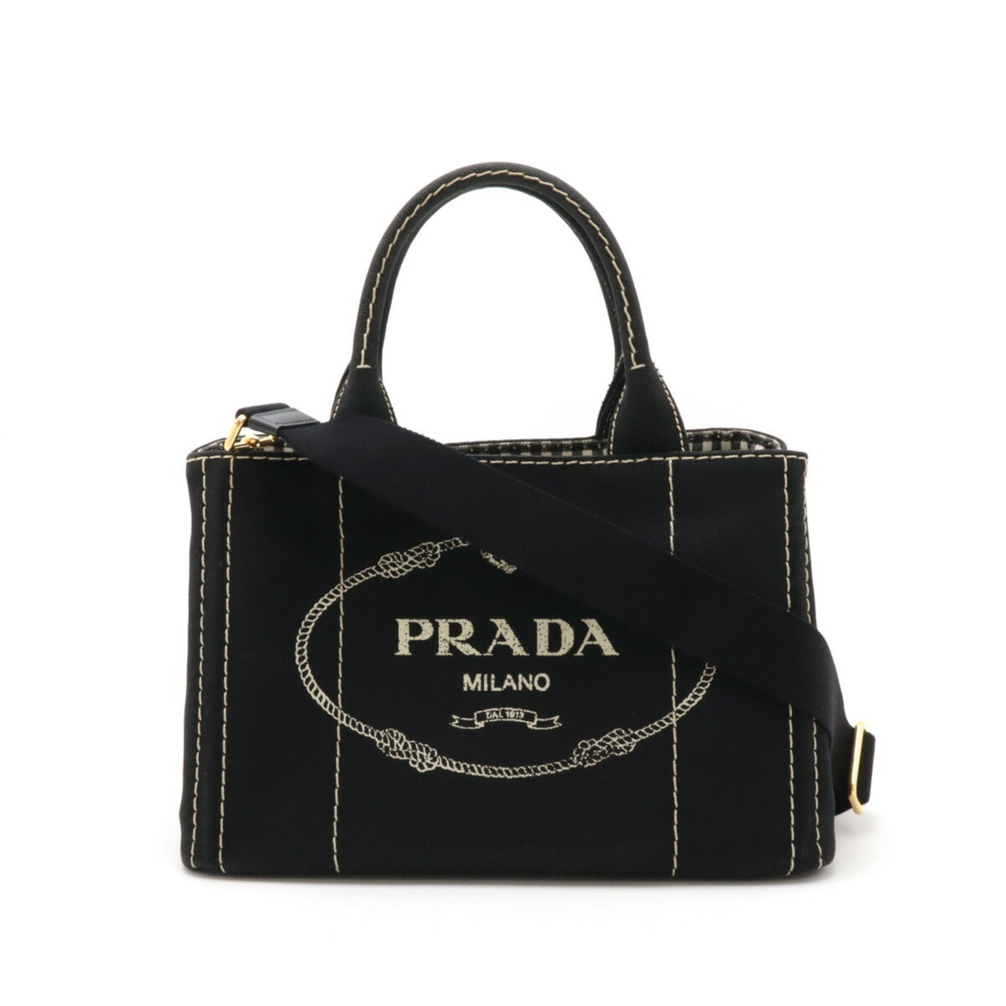 PRADA CANAPA Tote Bag, Handbag, Shoulder Canvas, Gingham Check, NERO, Black, 1BG439