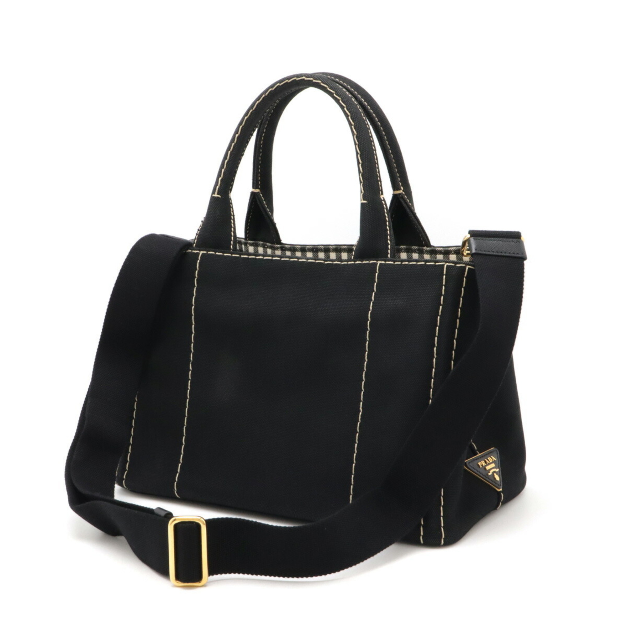 PRADA CANAPA Tote Bag, Handbag, Shoulder Canvas, Gingham Check, NERO, Black, 1BG439