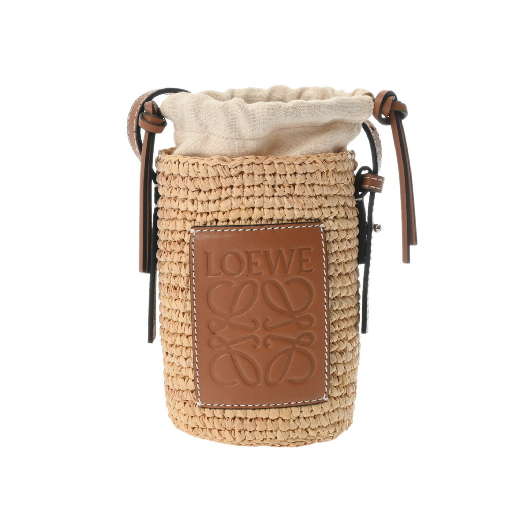 LOEWE Cylinder Pocket Beige/Brown C000P71X01 Women's Raffia Calf Shoulder Bag