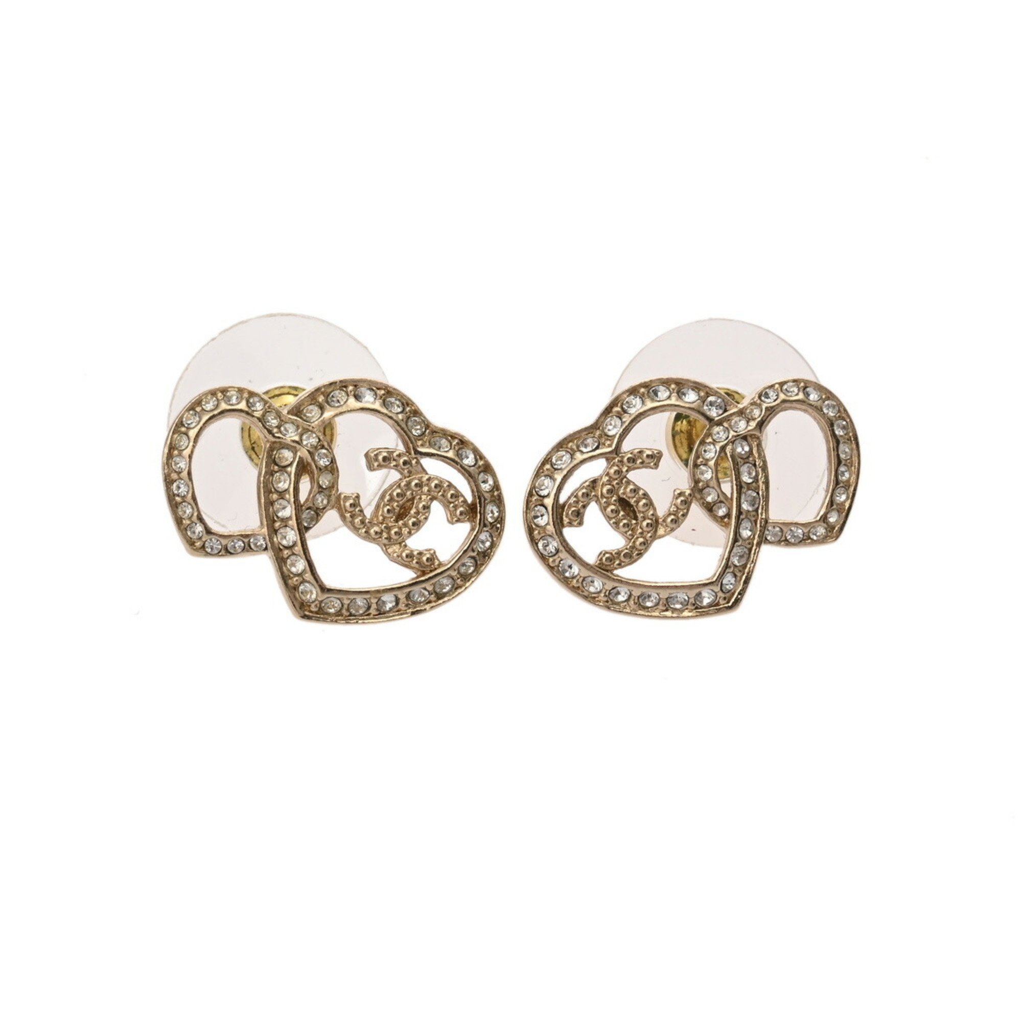 CHANEL Chanel Heart Earrings 23 Model Gold Women's Rhinestone GP