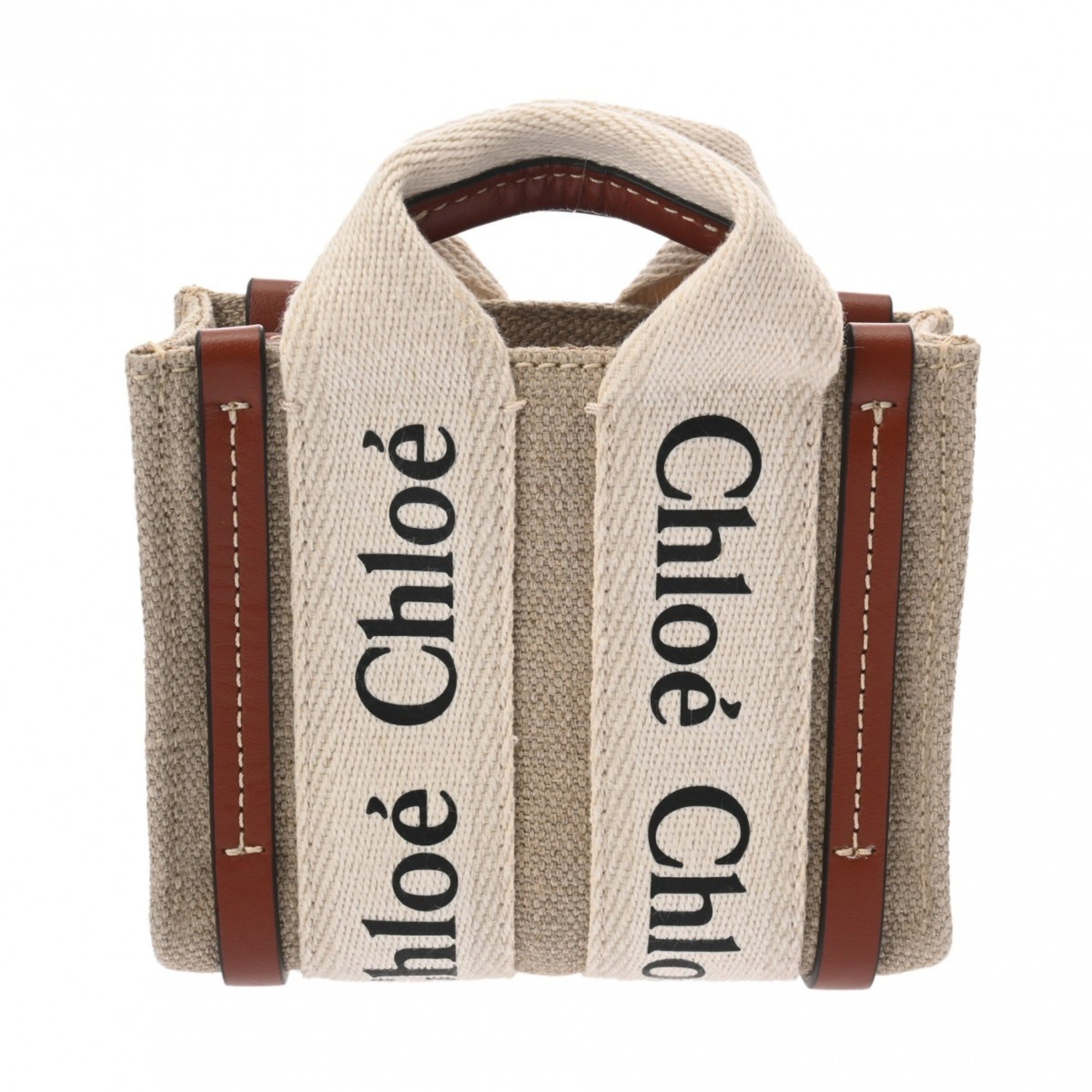 Chloé Chloe Woody Nano Shoulder Bag Greige/White/Brown Women's Linen/Calf Handbag